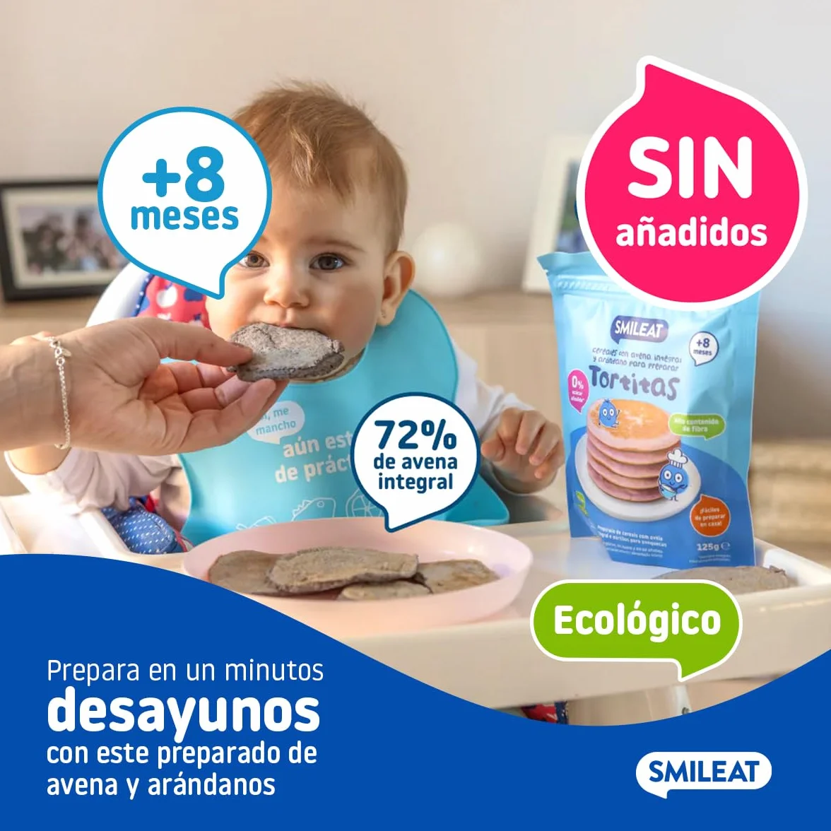 Smileat Preparado para Tortitas de Avena Integral y Arándano 125g Pack 6 Sin Azúcar Añadido Vitamina B1