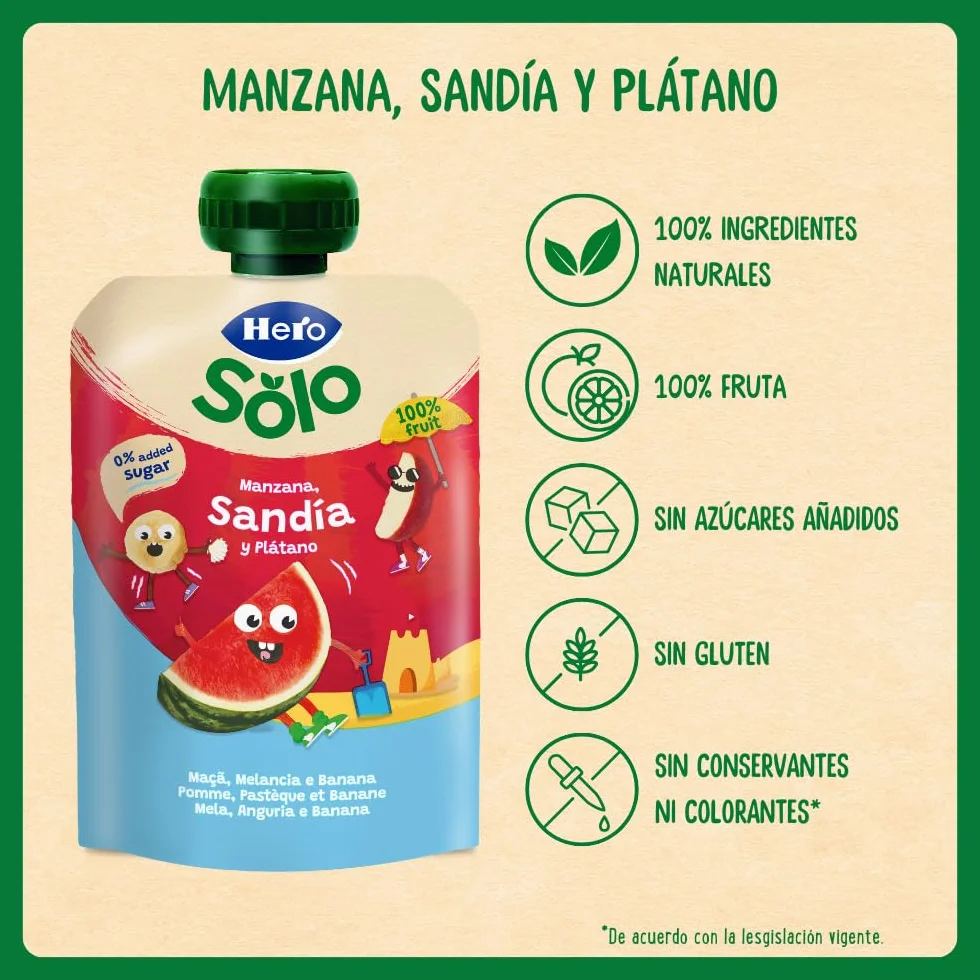 Bolsita Fruta Bebé Manzana Sandía Plátano 100% Natural Sin Conservantes 100g x 6U Desde 6 Meses