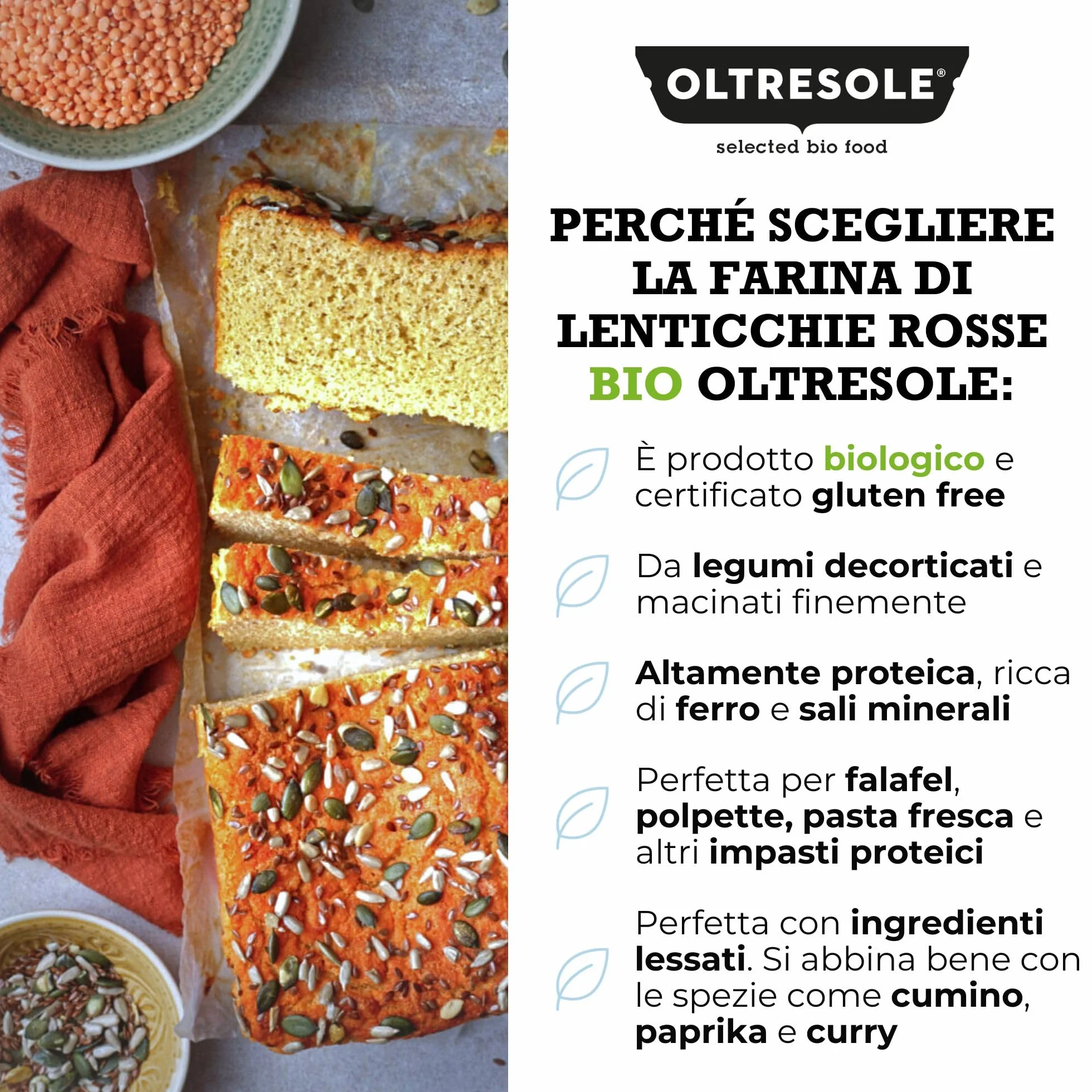 Oltresole Farina Italiana di Lenticchie Rosse Biologica 1 kg, Senza Glutine, Ricca di Proteine