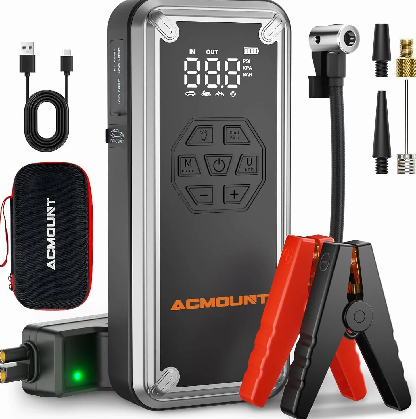 Acmount Arrancador de Baterias de Coche 7000A Booster 12V con Compresor de Aire 150 PSI Pantalla LCD Linterna LED 800 Lúmenes