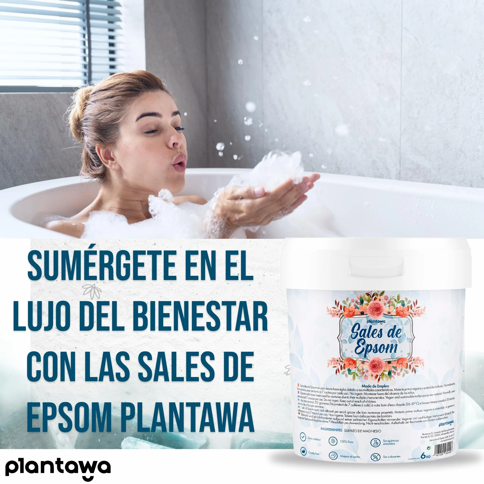 Plantawa Sales de Epsom 6KG Sal de Baño Concentrado de Magnesio Puro Sin Toxinas 100% Natural Cuidado Personal