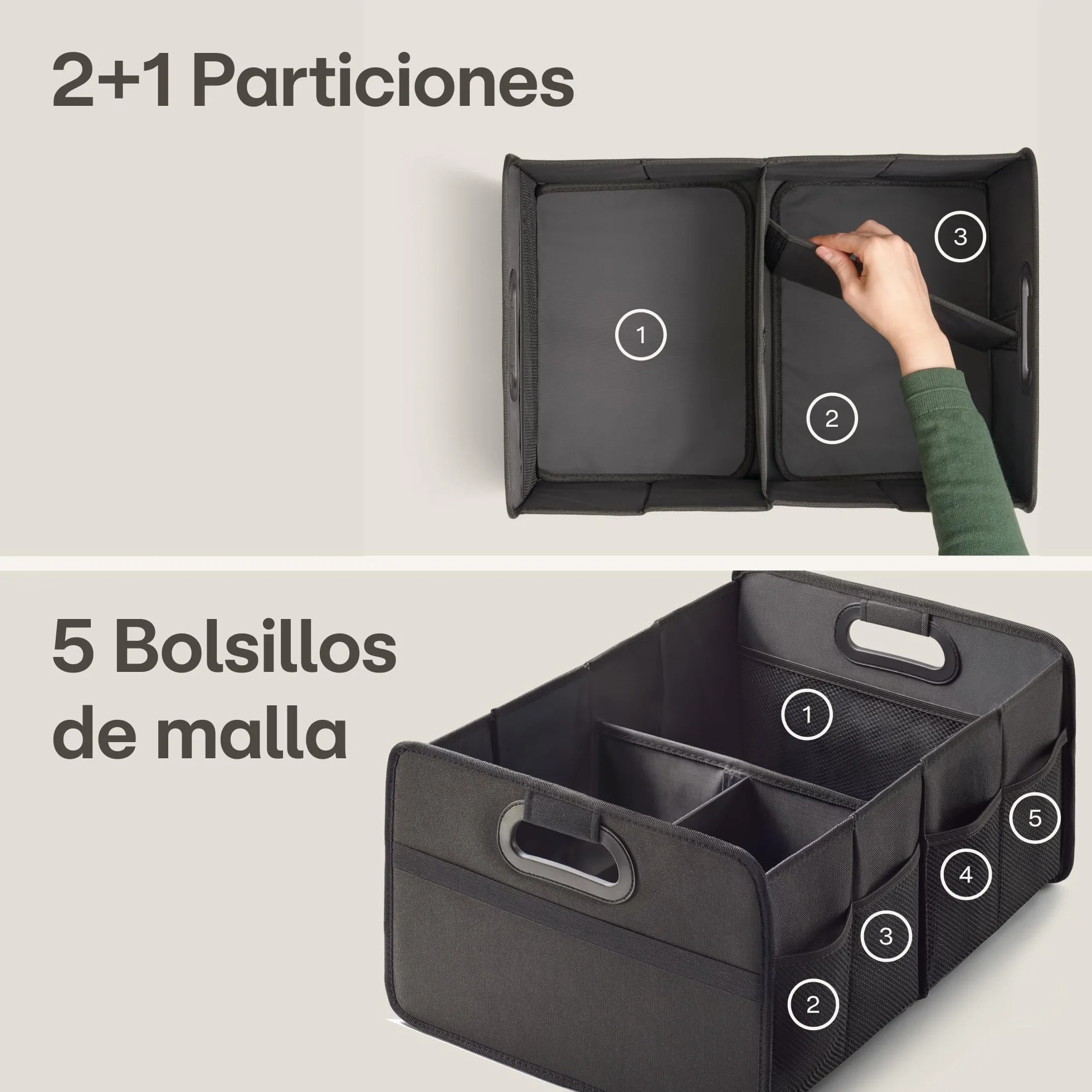 Praknu Organizador de Maletero Plegable XL – 3 Compartimentos Flexibles con 5 Bolsillos – Base Antideslizante – Tamaño Ideal para Organización del Coche – Robusto y Resistente al Agua de Tela Oxford