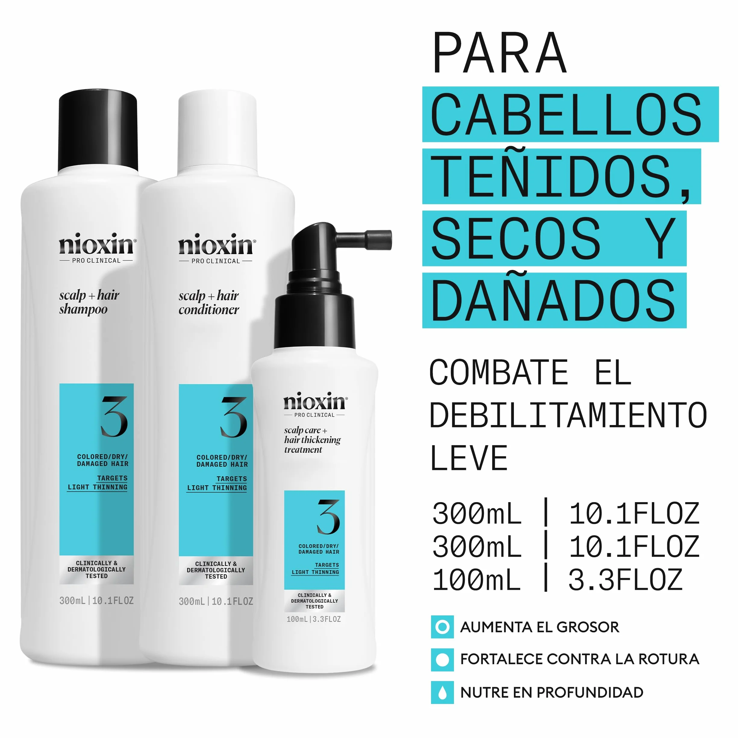 Nioxin Sistema 3 Champú Acondicionador Tratamiento Cabello Teñido Dañado Debilitamiento Leve