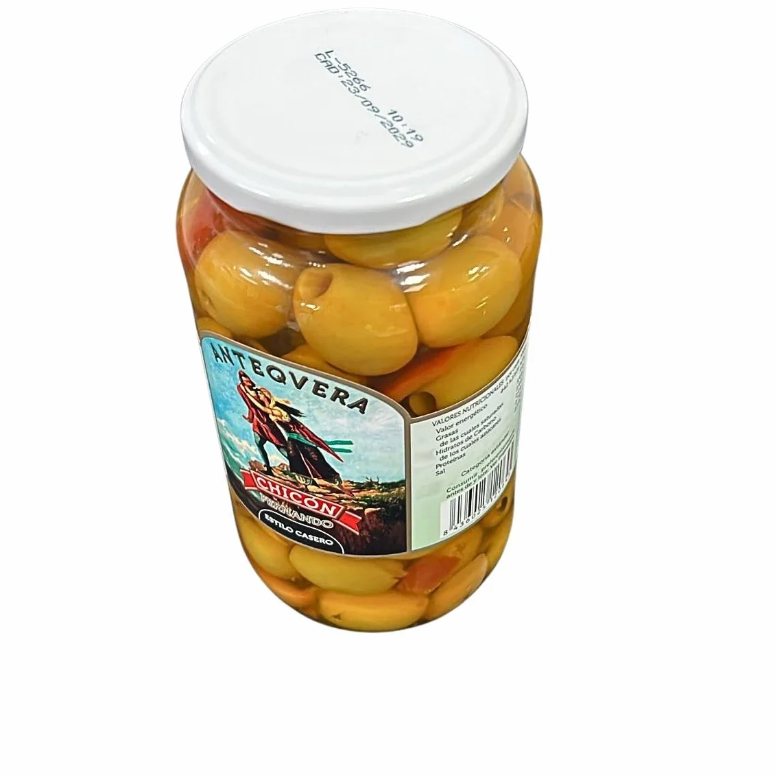 Chicón Lebrón Aceitunas Gordal Deshuesadas Calibre Gigante 80/120 Estilo Casero con Ajo Pimiento Picante Tarro 900g