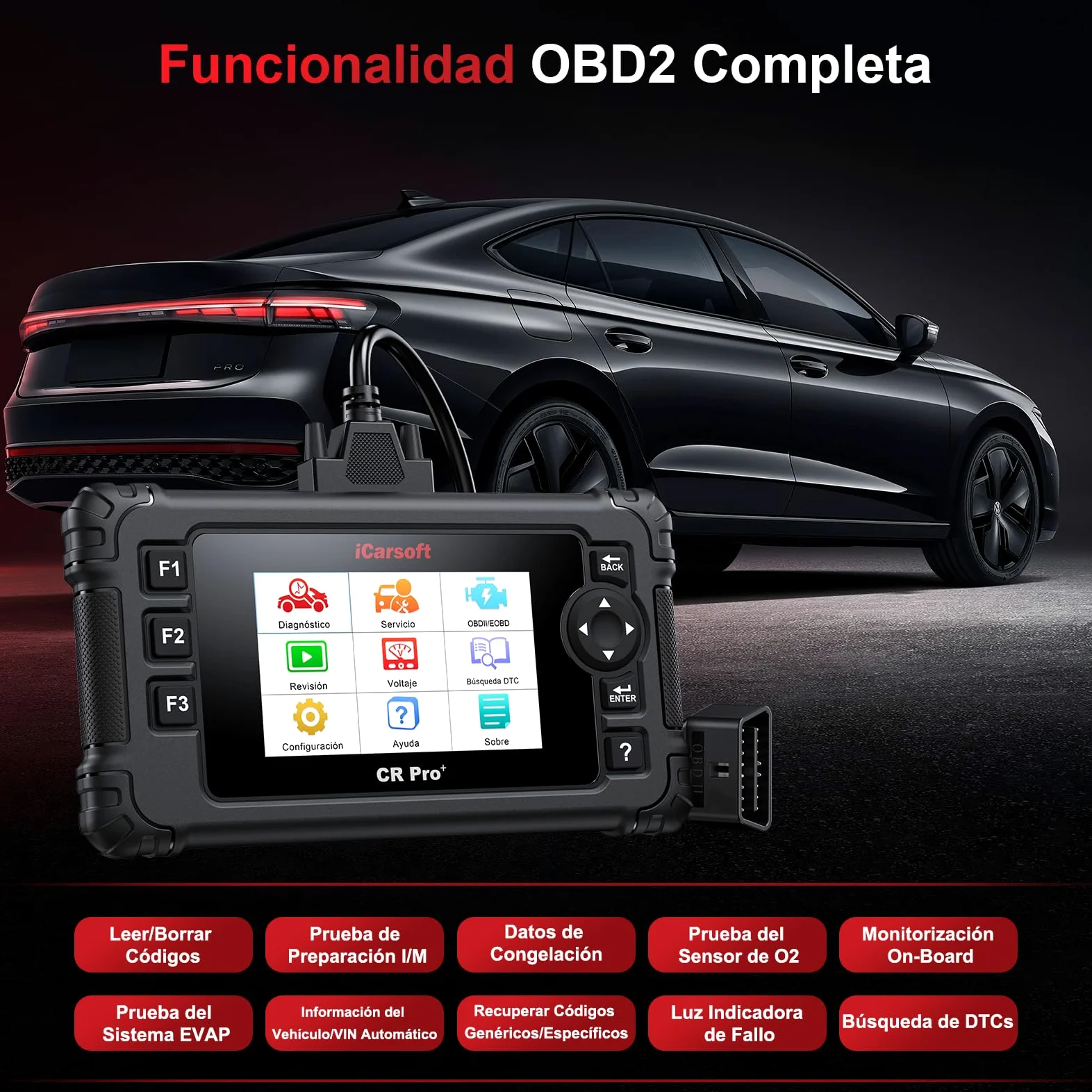 iCarsoft CR Pro+ OBD2 Máquina Diagnosis Coche Multimarca Español, Escáner de Todo el Sistema, 49 Funciones Reinicio, Bidireccional Detector Fallos Coche, Prueba de Batería, Vin Automático