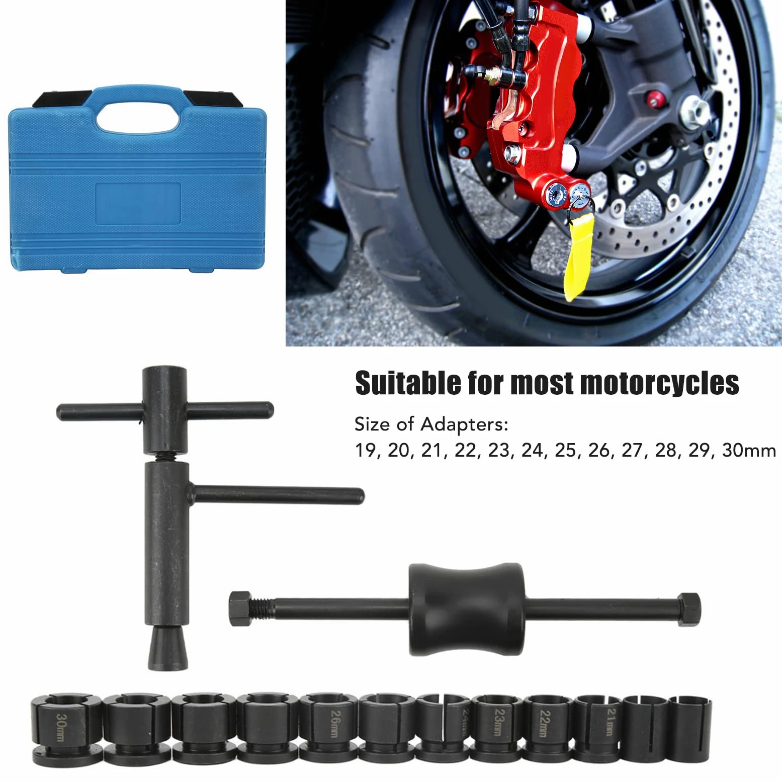 Juego de Extracción de Pistón de Freno de Motocicleta Aramox, Herramienta de Extracción de Pistón de Pinza de Freno de Motocicleta, 12 Adaptadores, Ajuste Universal para