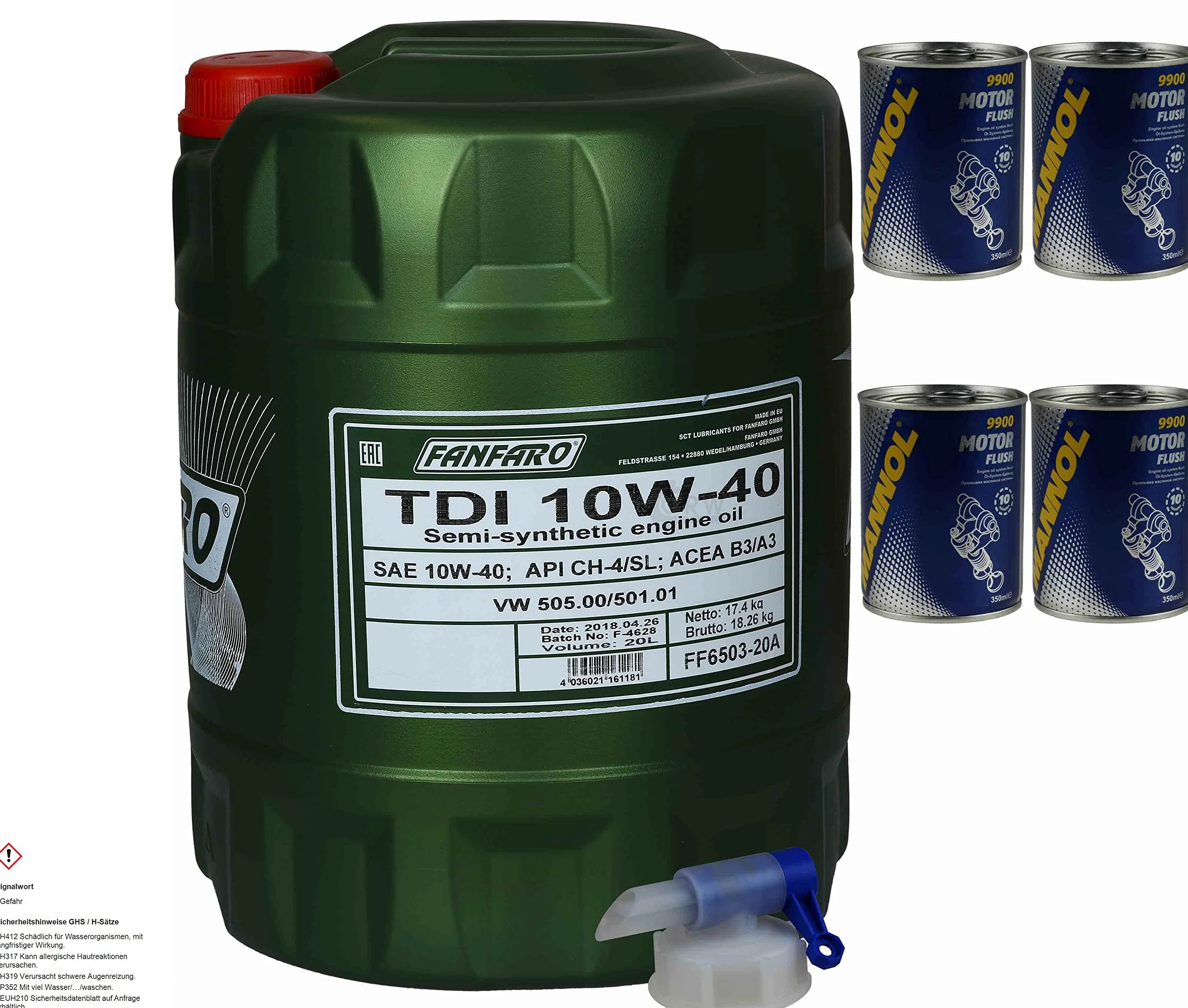 Aceite de motor Fanfaro TDI 10W-40 4 x Mannol motor Flush aditivo 20 l