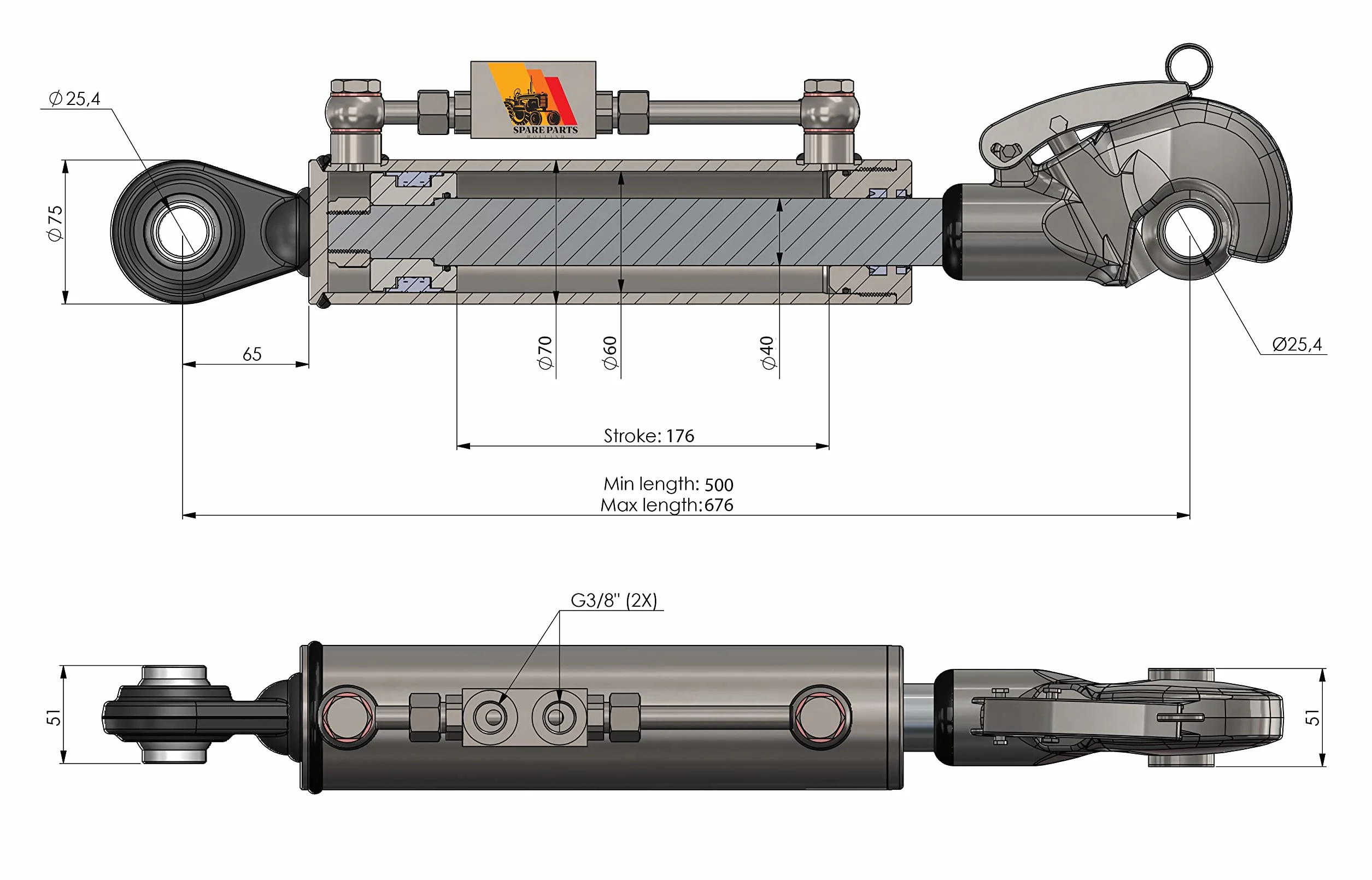 Tercer Punto Hidráulico Cat 2 (500 – 676 mm) con Engache Rápido, Bloque de Bloqueo y 2 Mangueras