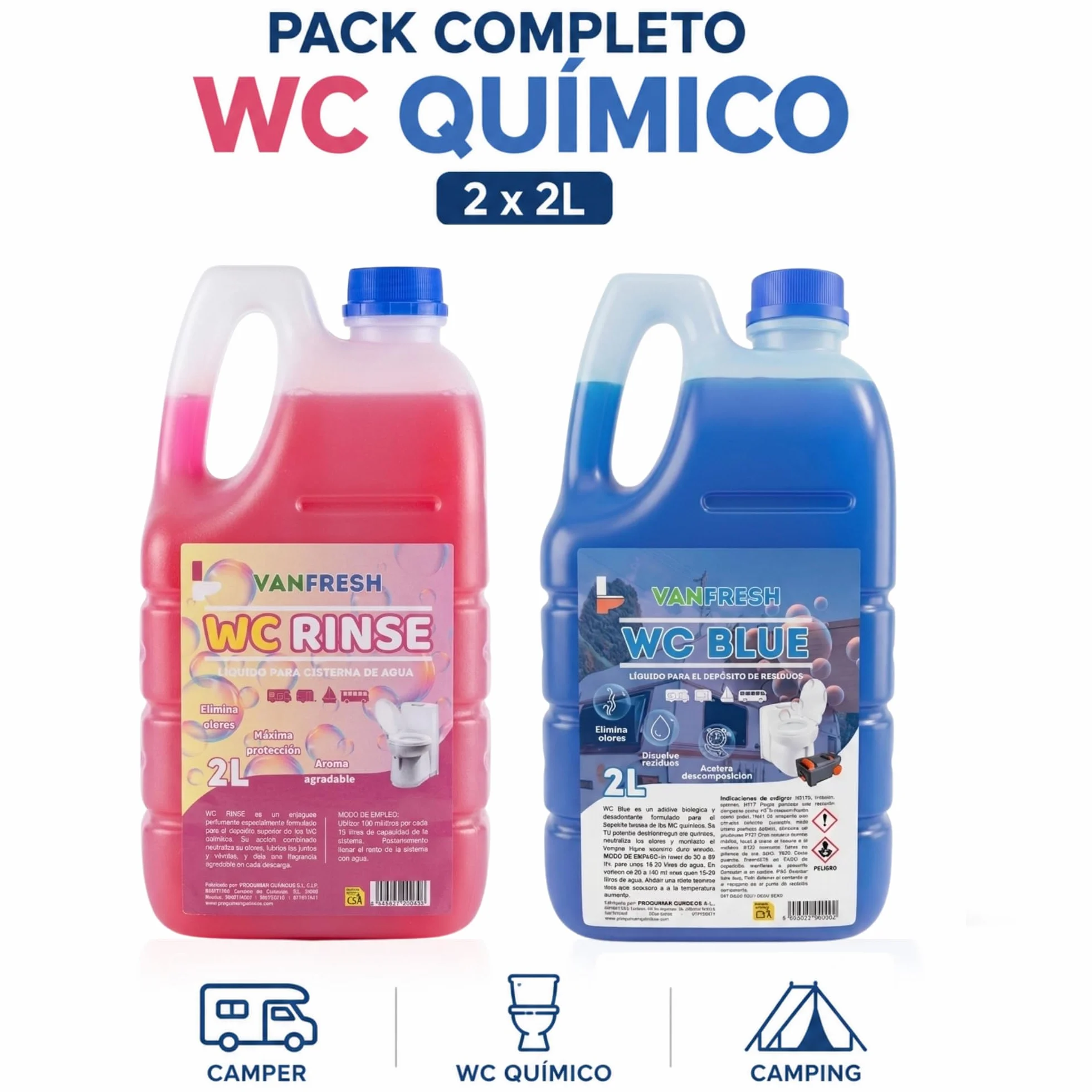 Pack WC Químico para Camper y Caravana | WC BLUE + WC RINSE 2x2L | Elimina Olores, Disuelve Residuos y Mantiene el WC Fresco – Líquidos para WC Portátil y Autocaravana