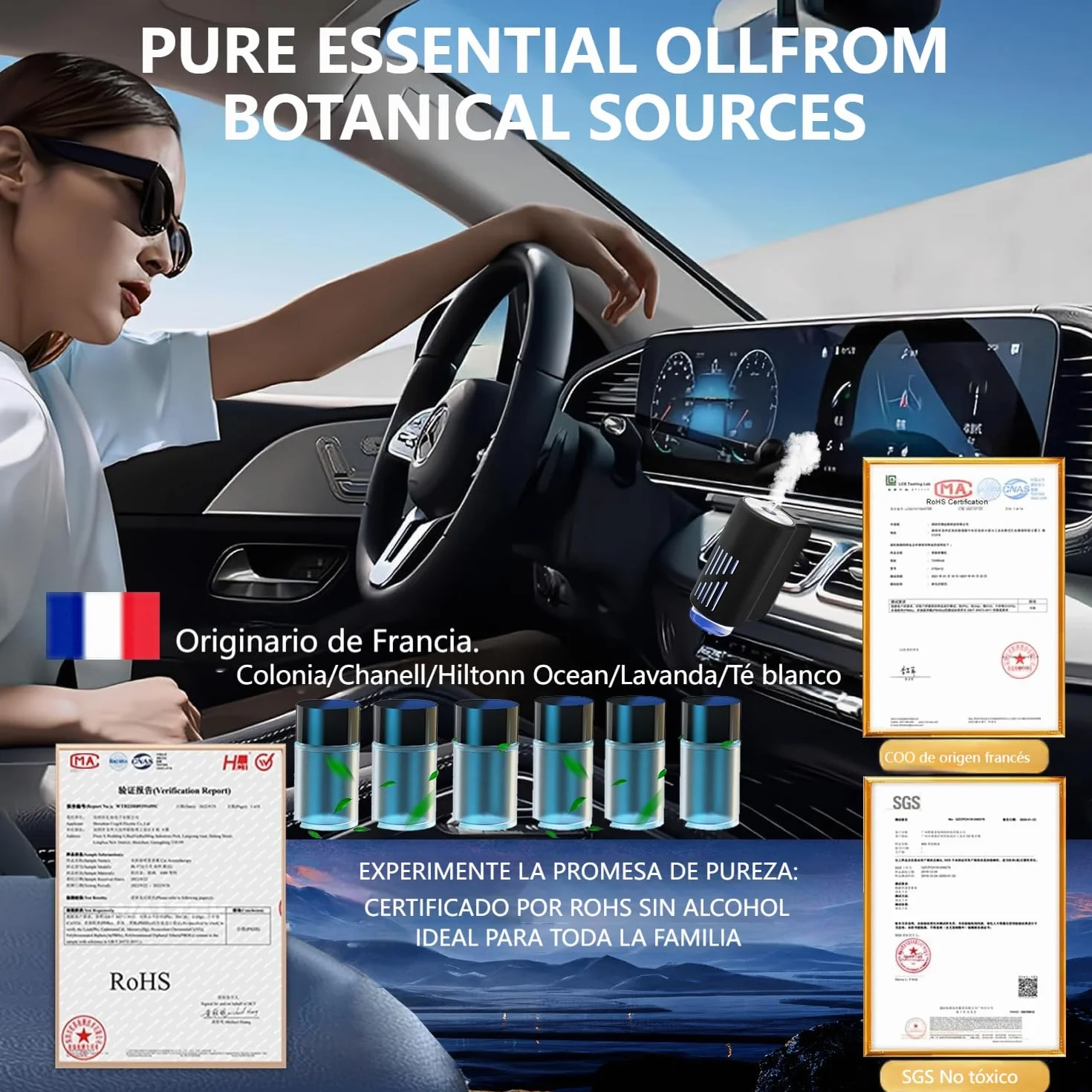 AI Eléctrico Ambientador Coche con 6 perfumes, Nebulizador Ultrasónico, 3 Modos Inteligentes, Encendido/Apagado Automático, Batería Incorporada, Perfume Francés Natural,Fragancia Hasta 12 Meses CFK-6Z