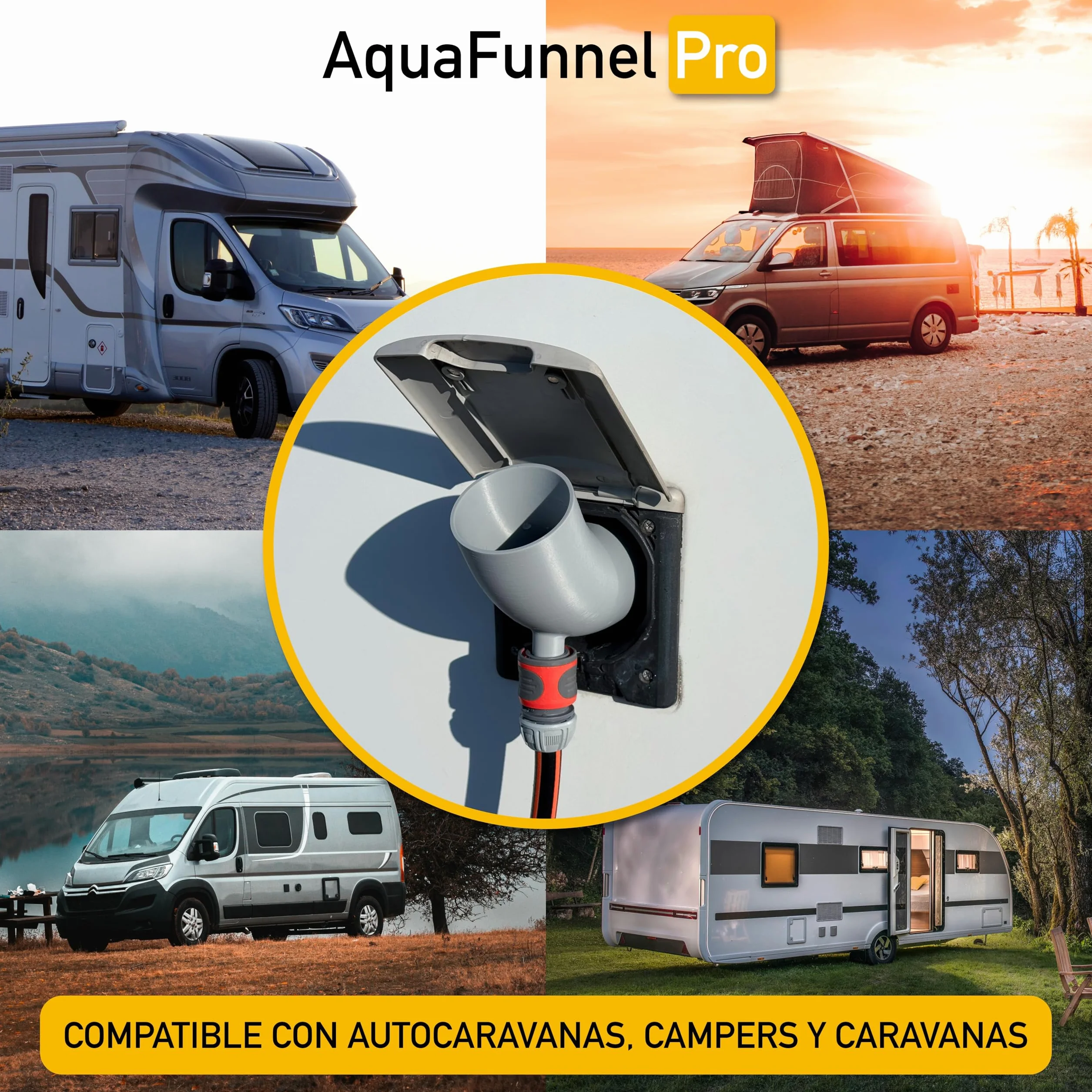 AquaFunnel Pro – Embudo para depósito de agua limpia de autocaravanas y campers, compatible con tapones estándar europeos, llenado con botellas y manguera. (78 mm - 3 pins)