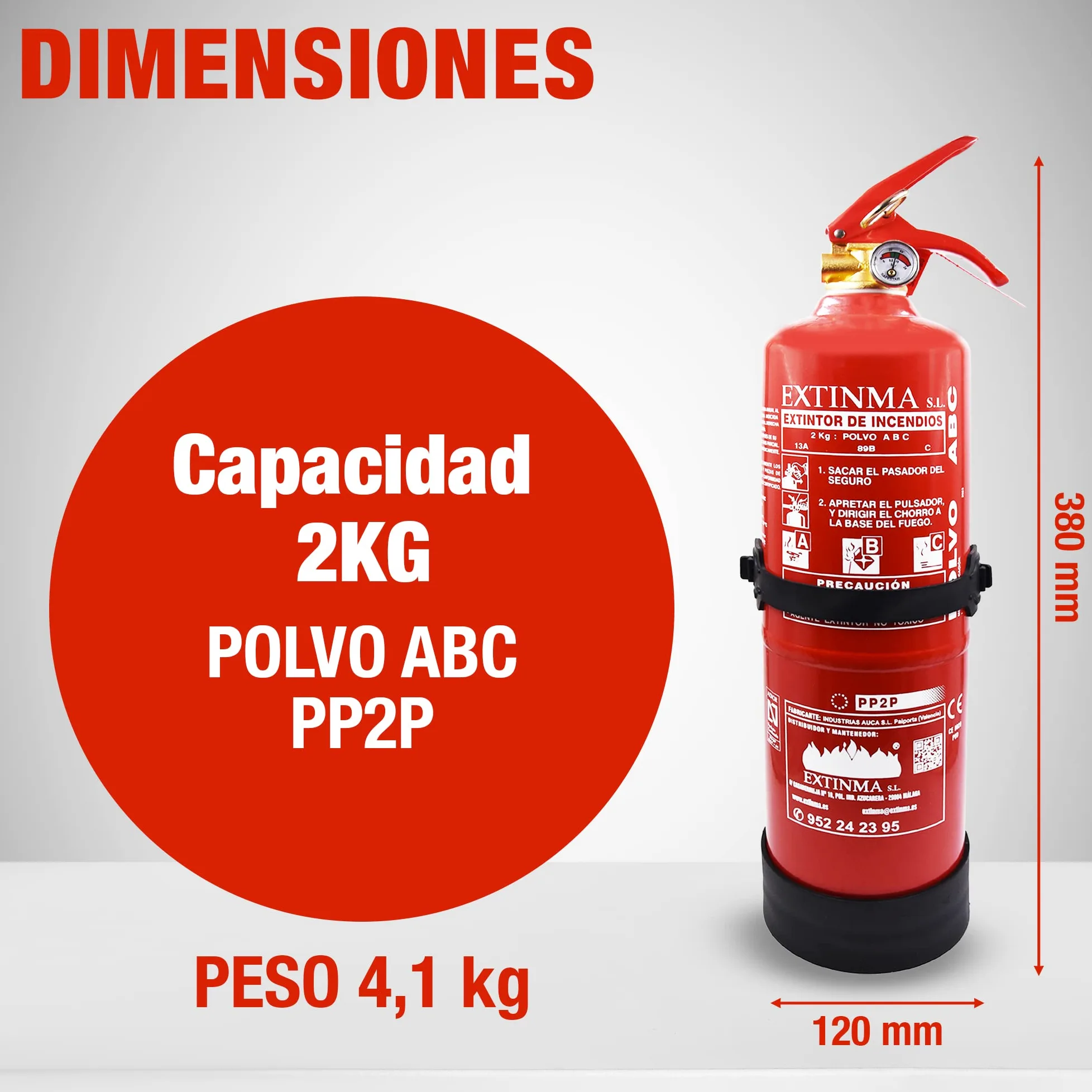 Extintor Polvo ABC 2kg con soporte, homologado CE y AENOR. Ideal para coche, casa, caravana, camper, autocaravana. Alta eficacia. Portátil, compacto. Fabricado en España. Seguridad total.