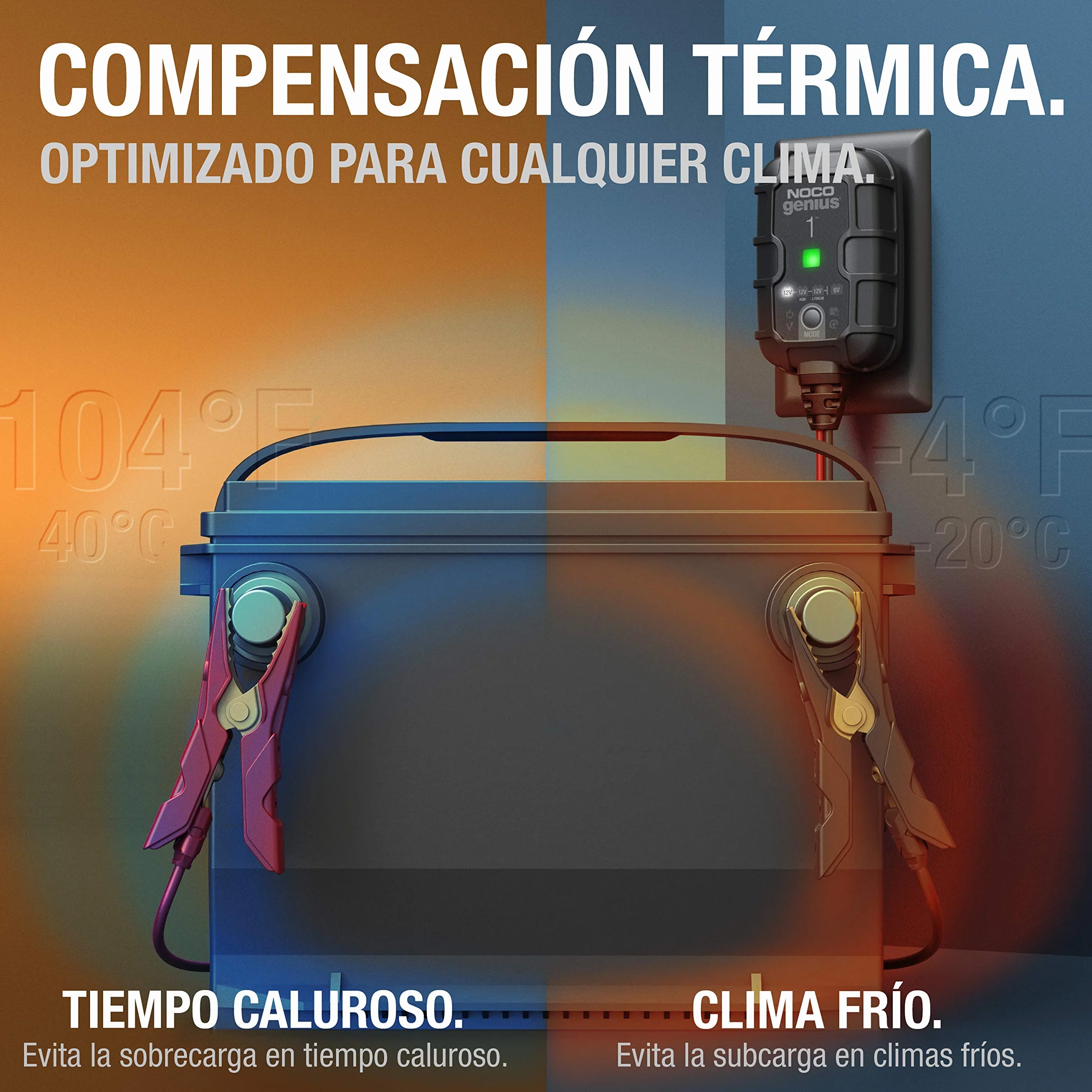NOCO GENIUS1: Cargador Inteligente de baterías 1A 6V/12V – Mantenedor automático y desulfatador – Protección contra sobrecarga y compensación térmica – para baterías de Plomo y Litio