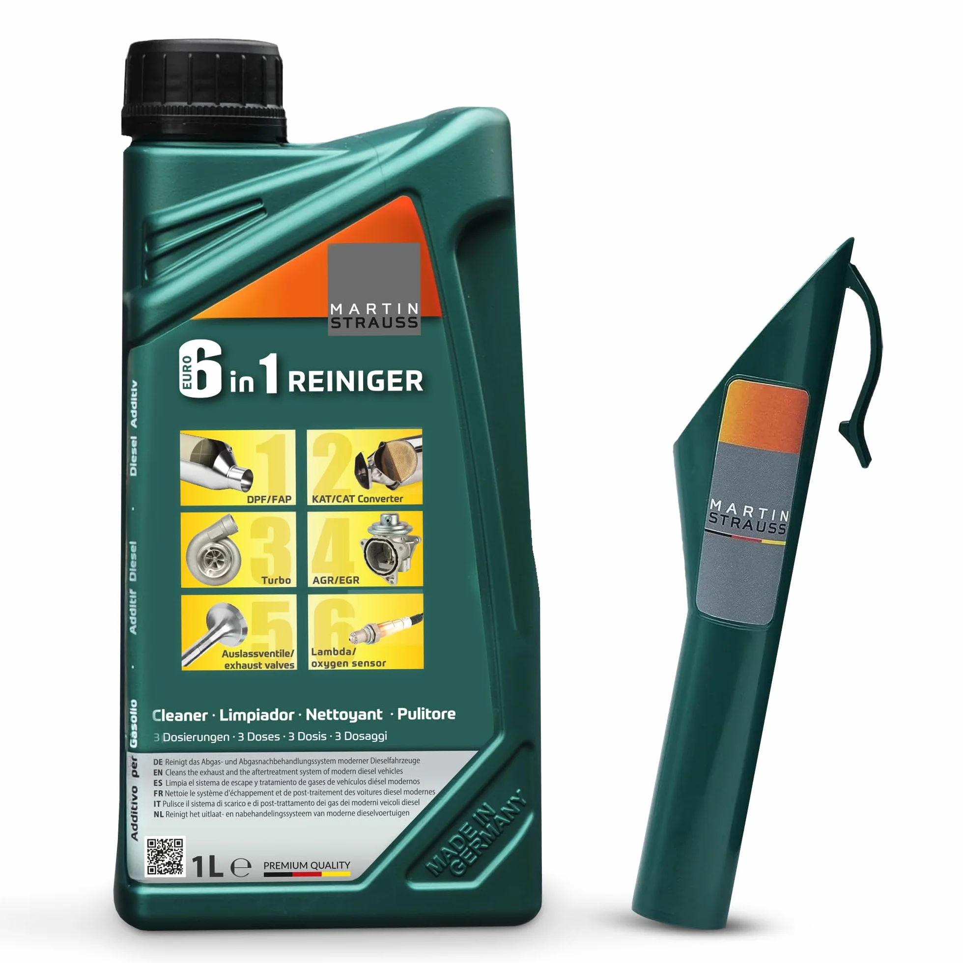 MARTIN STRAUSS Limpiador Diesel Euro 6 en 1. Descarboniza el sistema de escape: Válvula EGR, Turbo, Cat, DPF, Lambda. 1 Litro, 3 Dosis