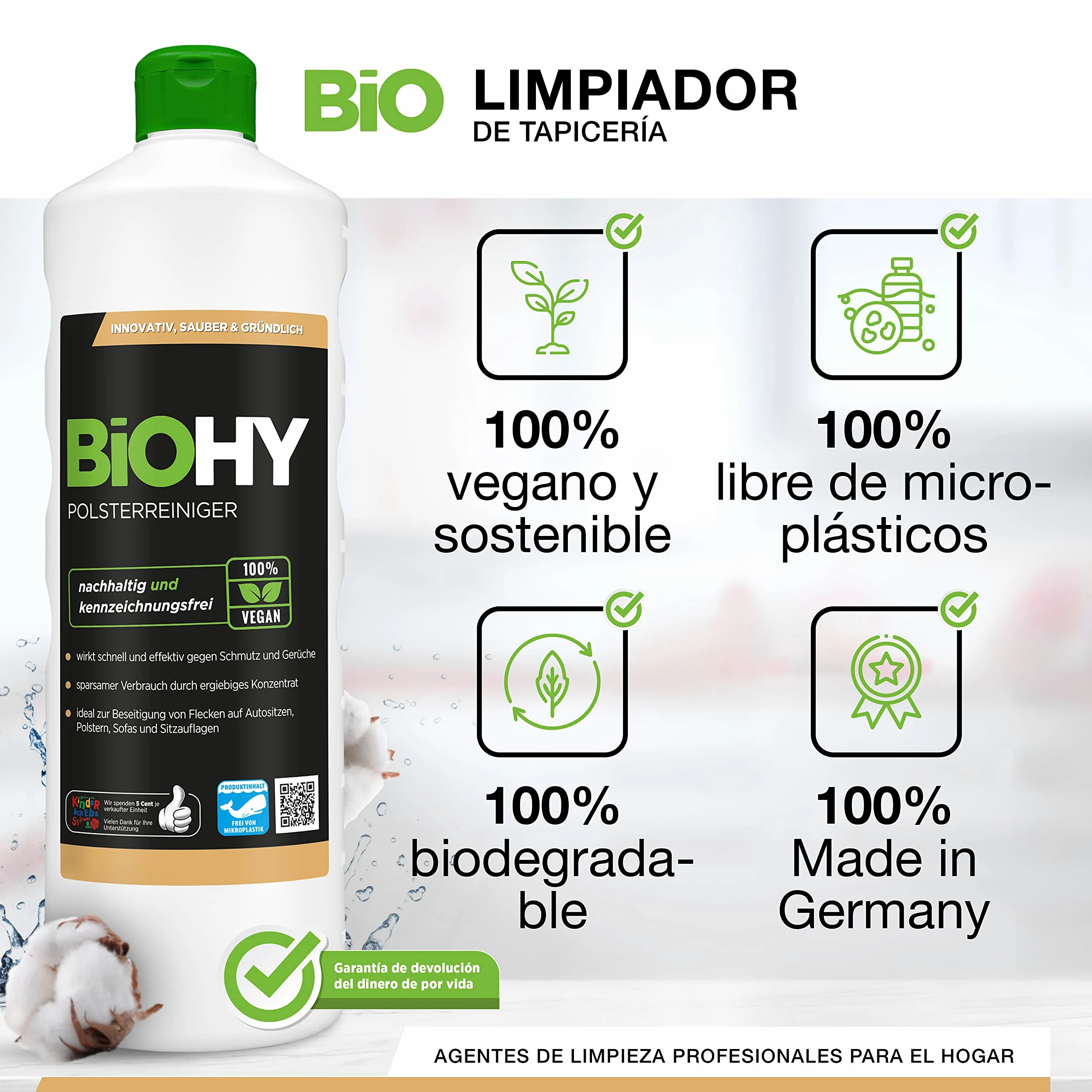 BiOHY Limpiador tapicerías (12 botellas de 1 litro) + Dosificador | Ideal para asientos de coche, sofás, colchones, etc. | También es adecuado para las lavadoras (Polsterreiniger)
