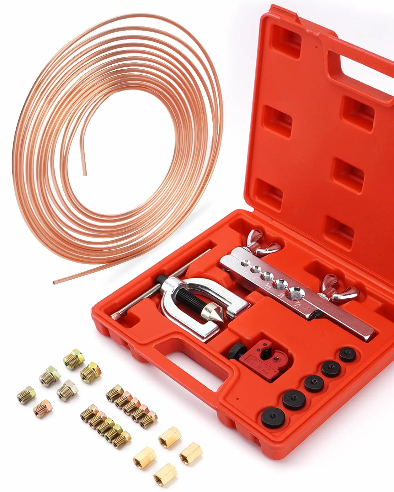 Herramienta Abocardar Tubos Freno, 7m Ø 4,75mm Tubo de Freno Cobre-Níquel Kit (16 Conexiones de Tornillo + 4 Conectores)