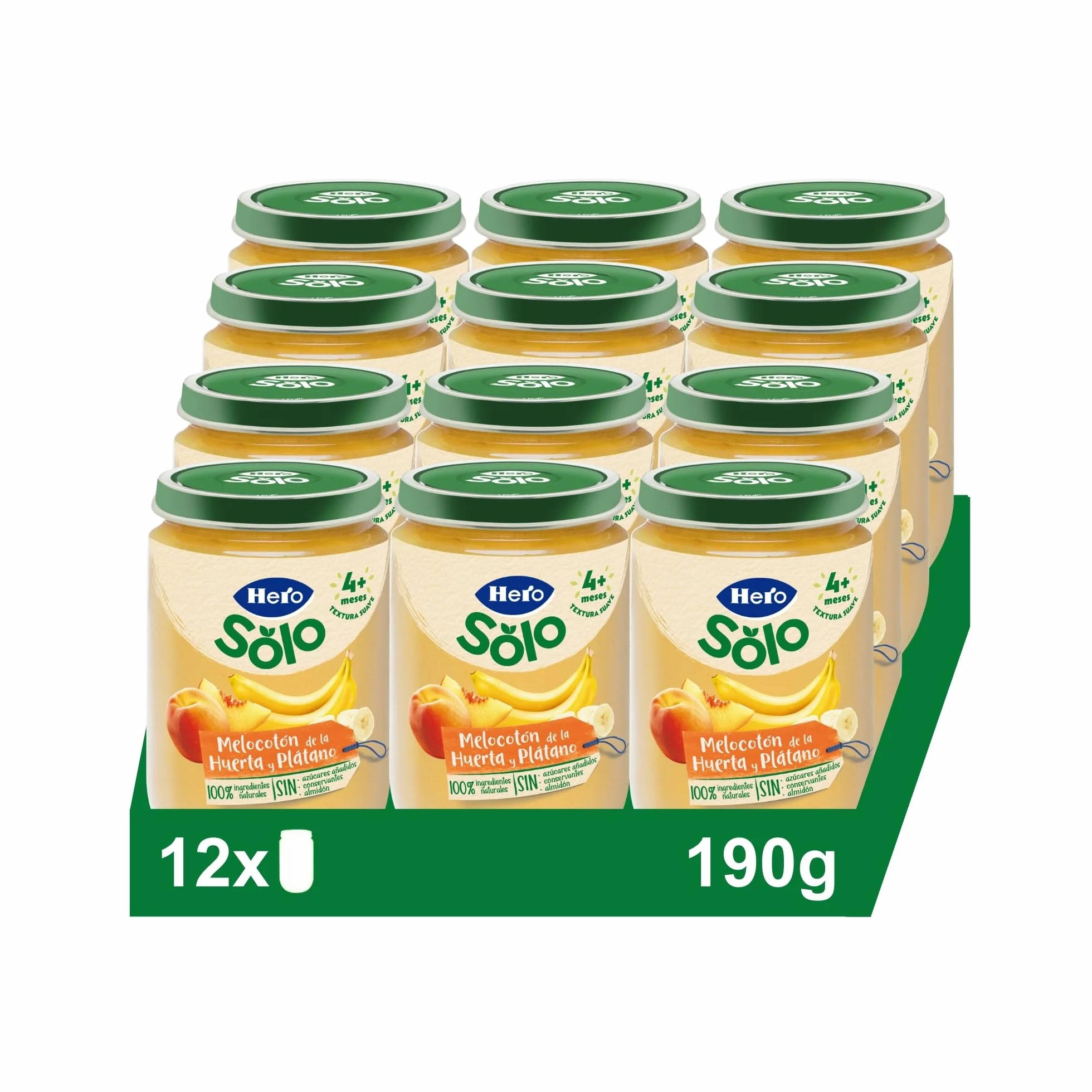 Hero Baby Tarritos de Melocotón y Plátano, Sin Azúcares Añadidos, 100% Naturales, Pack 12x190g