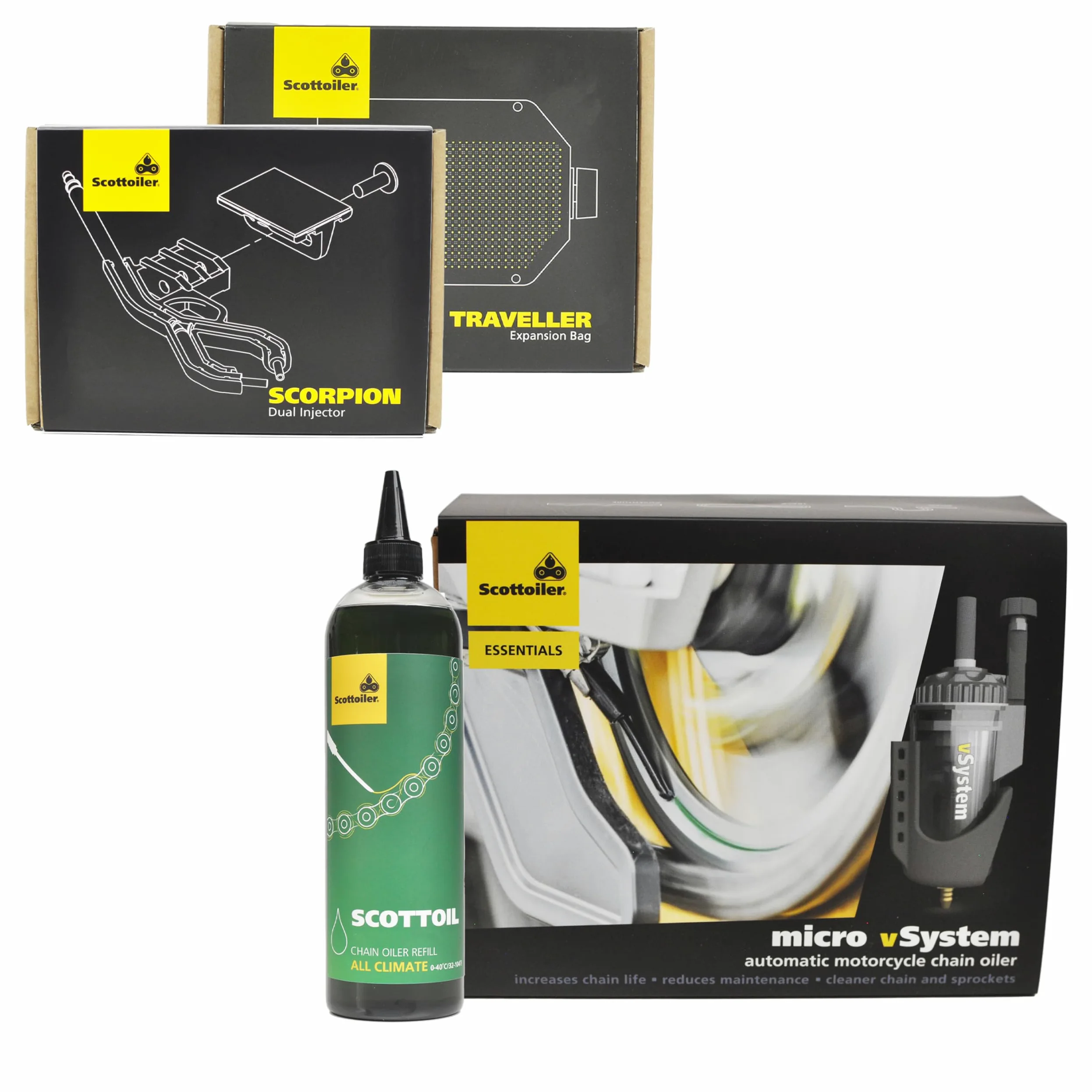 Scottoiler Bundle de Inicio Todo en Uno - Essentials Micro-vSystem, Bolsa de Expansión Traveller, Inyector Dual Scorpion y aceite de recarga Scottoil Verde All Climate 500ml…