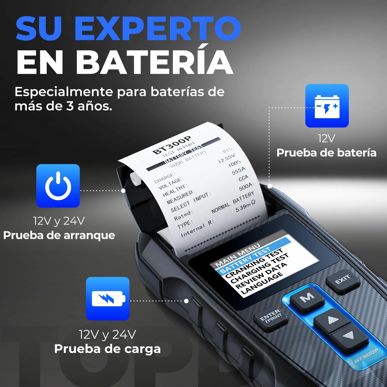 Probador de batería de 12 V/24 V con impresora incorporada Topdon BT300P, 100-2000 CCA - Probador de carga automático para prueba de batería/arranque/carga