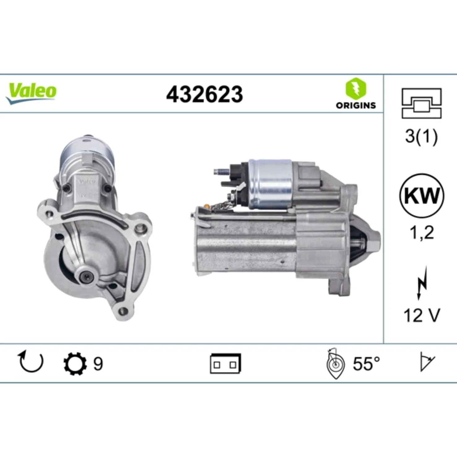 VALEO-432623-Motor de arranque- Potencia nominal: 1,2 kW - Stop & Start: NO - Número de dientes: 9 dientes - Tensión: 12 V - Sentido de rotación: CLOCKWISE