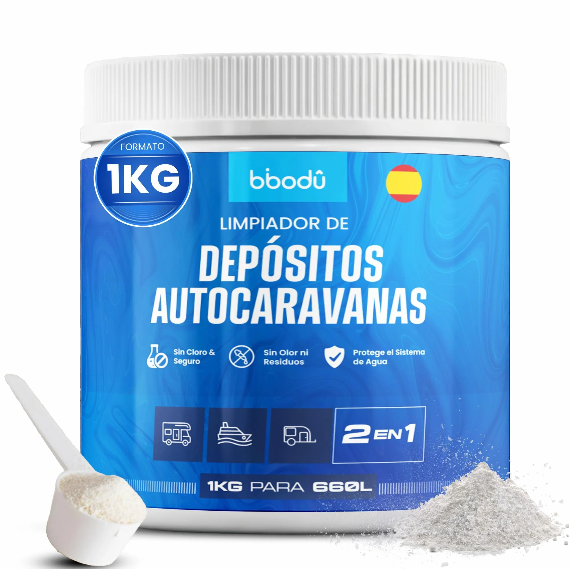 Limpiador 2en1 para Depósitos de Autocaravanas 1 KG | Limpia & Desincrusta con Oxígeno Activo | Sin Olor - Elimina Biofilm y Suciedad | Perfecto para Autocaravanas, Caravanas y Barcos