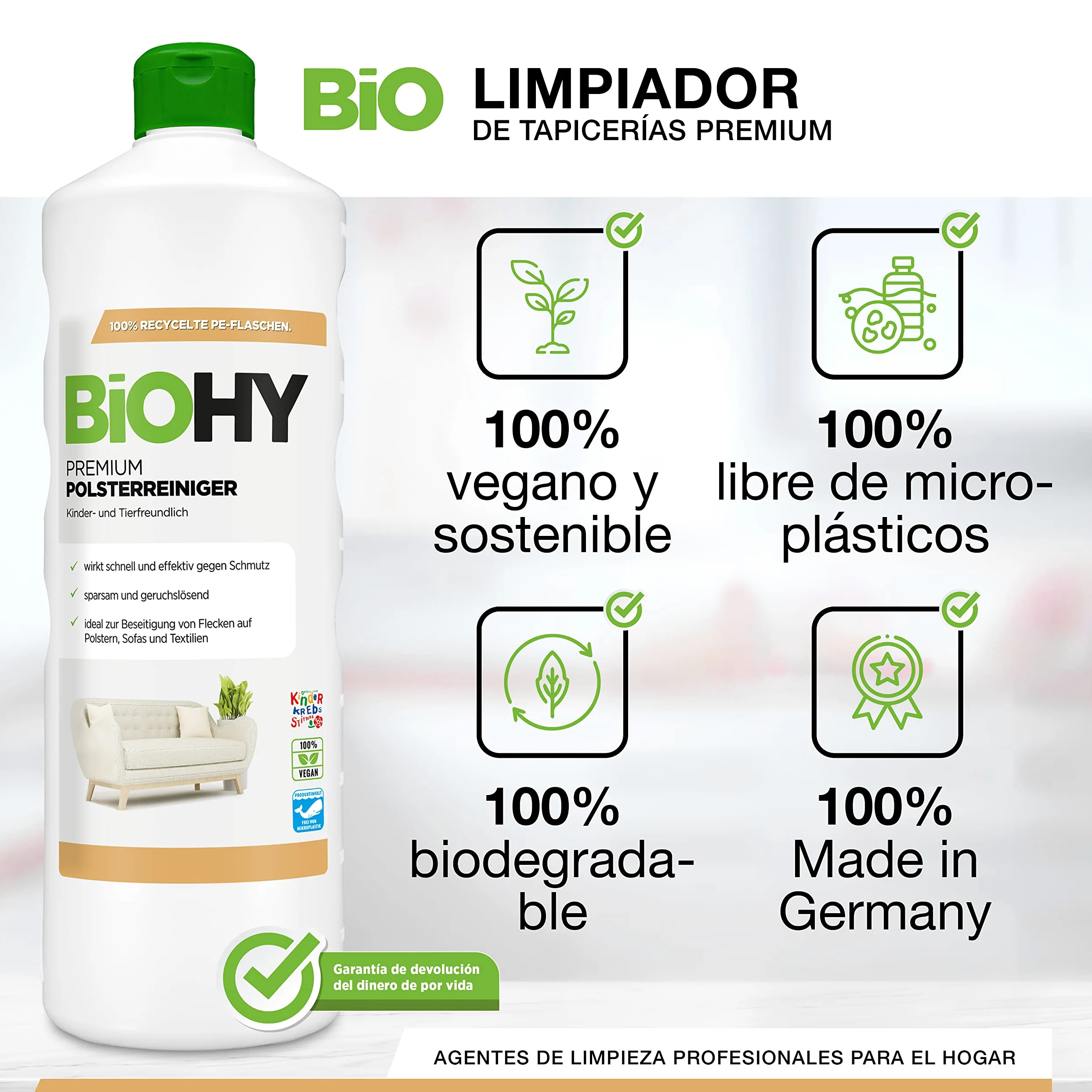 BiOHY Limpiador de Tapicerías Premium (12 botellas de 1 litro) | Concentrado para muebles tapizados, sofás, alfombras y textiles | quitamanchas que disuelven el olor (Premium Polster)
