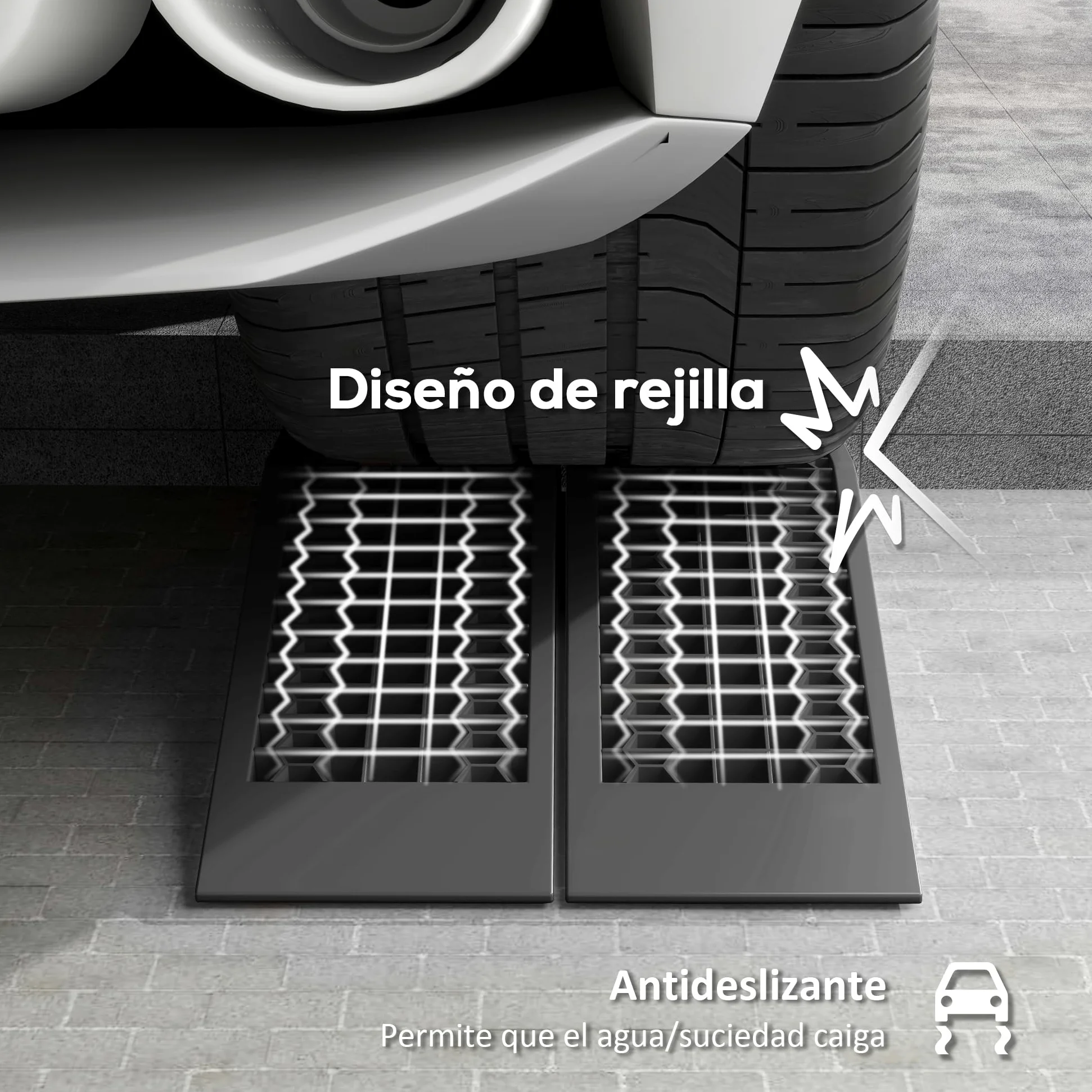 HOMCOM Juego de 2 Rampas para Coche de Plástico, Rampas Portátiles Carga hasta 3 Toneladas para Coches SUV Furgonetas Pequeñas, Antideslizante, Estable, 70x19,5 cm, Negro
