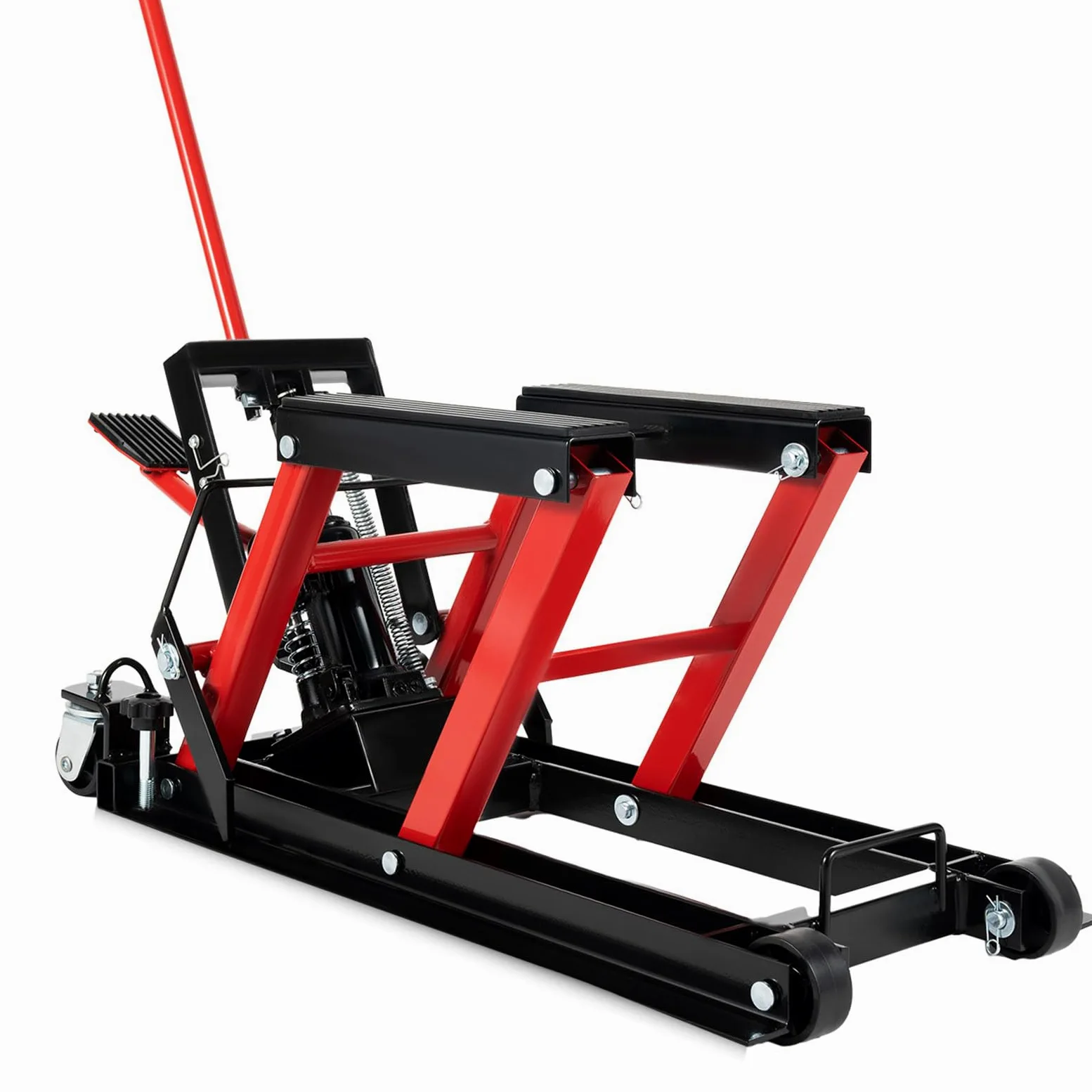 Elevador de moto, plataforma elevadora de motocicleta, soporte de montaje, hidráulico, plataforma elevadora de motocicleta, plataforma elevadora cuádruple plegable, 680 kg (rojo + negro)