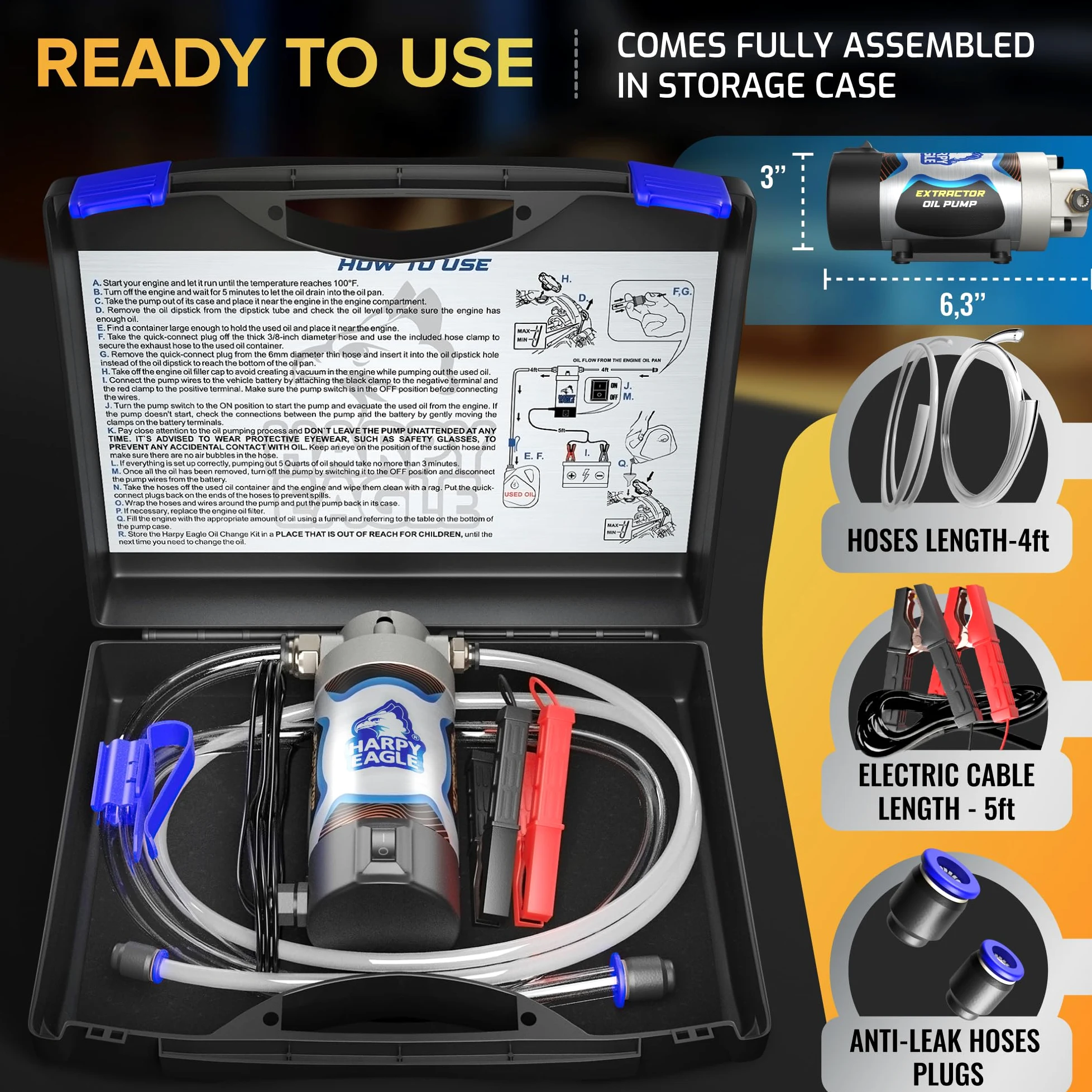 Harpy Eagle Bomba extractora eléctrica de cambio de aceite 12/24 V 100 W, transferencia de succión de fluido portátil para automóviles, barcos, motocicletas, camiones con estuche de almacenamiento