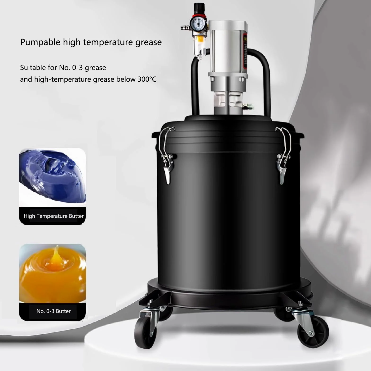 Bomba de grasa de alta temperatura para cubos de 5 galones, funcionamiento neumático con salida de 1,5 l/min, adecuada para todas las estaciones