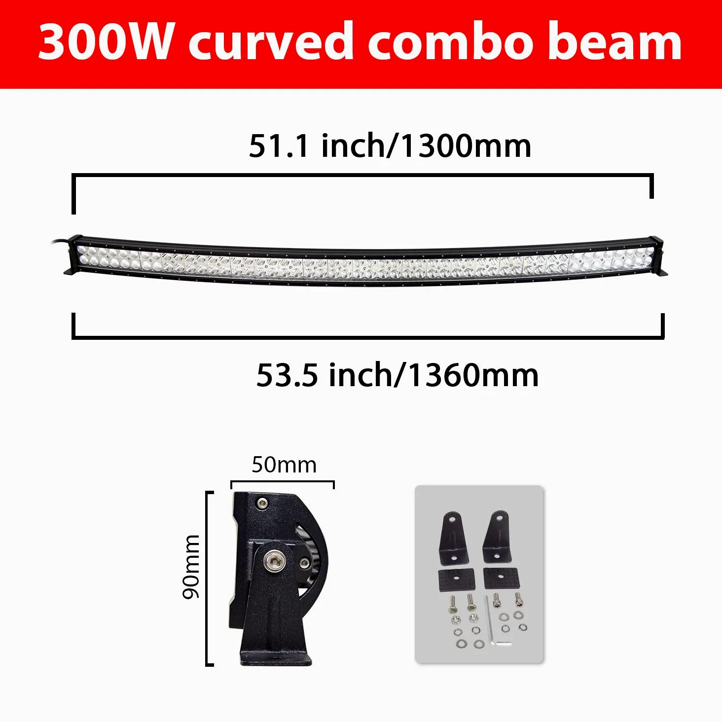 PICAA Barra de luz LED, Curva 52 Pulgadas 130CM 300W Spot/Flood Combo IP67 | con mazo de cables 12V,6000K,Barra de luces LED auxiliar, para coche SUV 4x4 todoterreno camión tractor ATV UTV Moto Barco