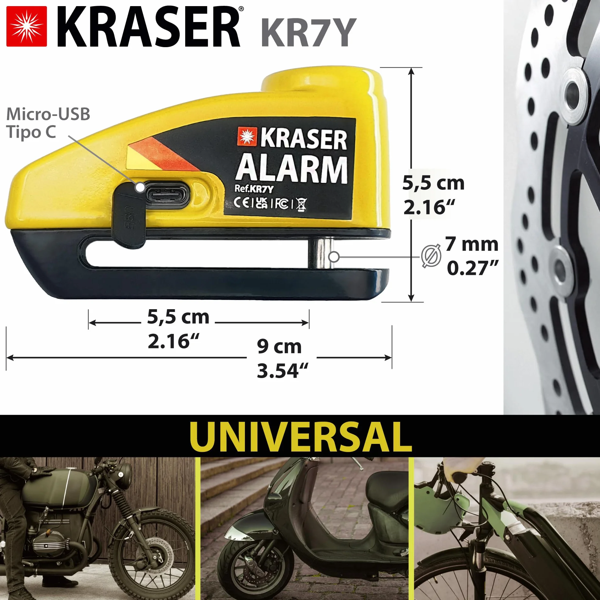 KRASER KR7Y Candado Disco Moto con Alarma 110dB Batería Recargable USB, Sensor de Movimiento, Impermeable Resistente Visible, Antirrobo Cepo Pinza Freno Bloqueo 7mm Universal, Amarillo