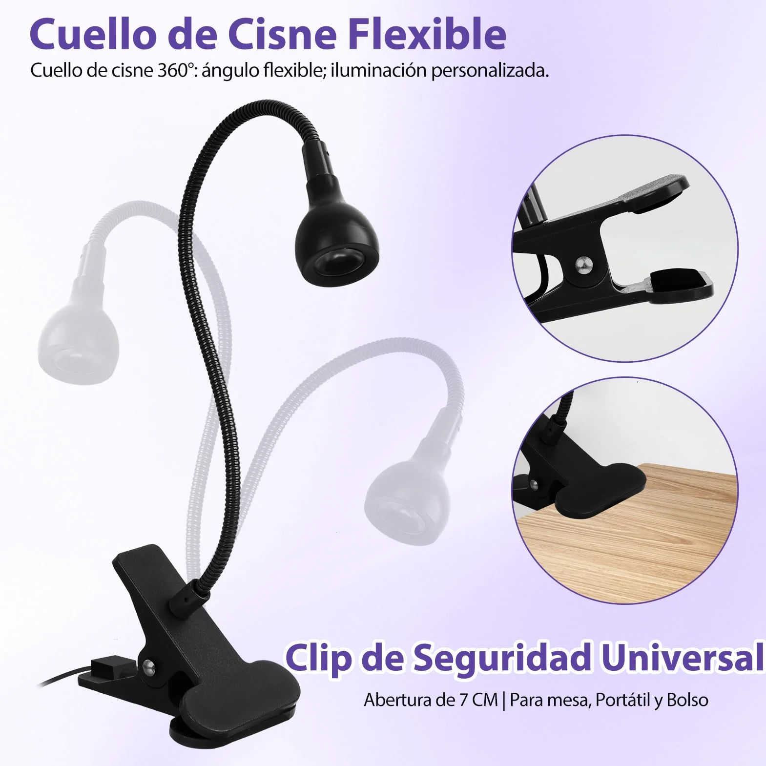 Lámpara de Uñas UV 5W LED Mini para Uñas de Gel Curado Rápido USB Ultravioleta con Clip Negro