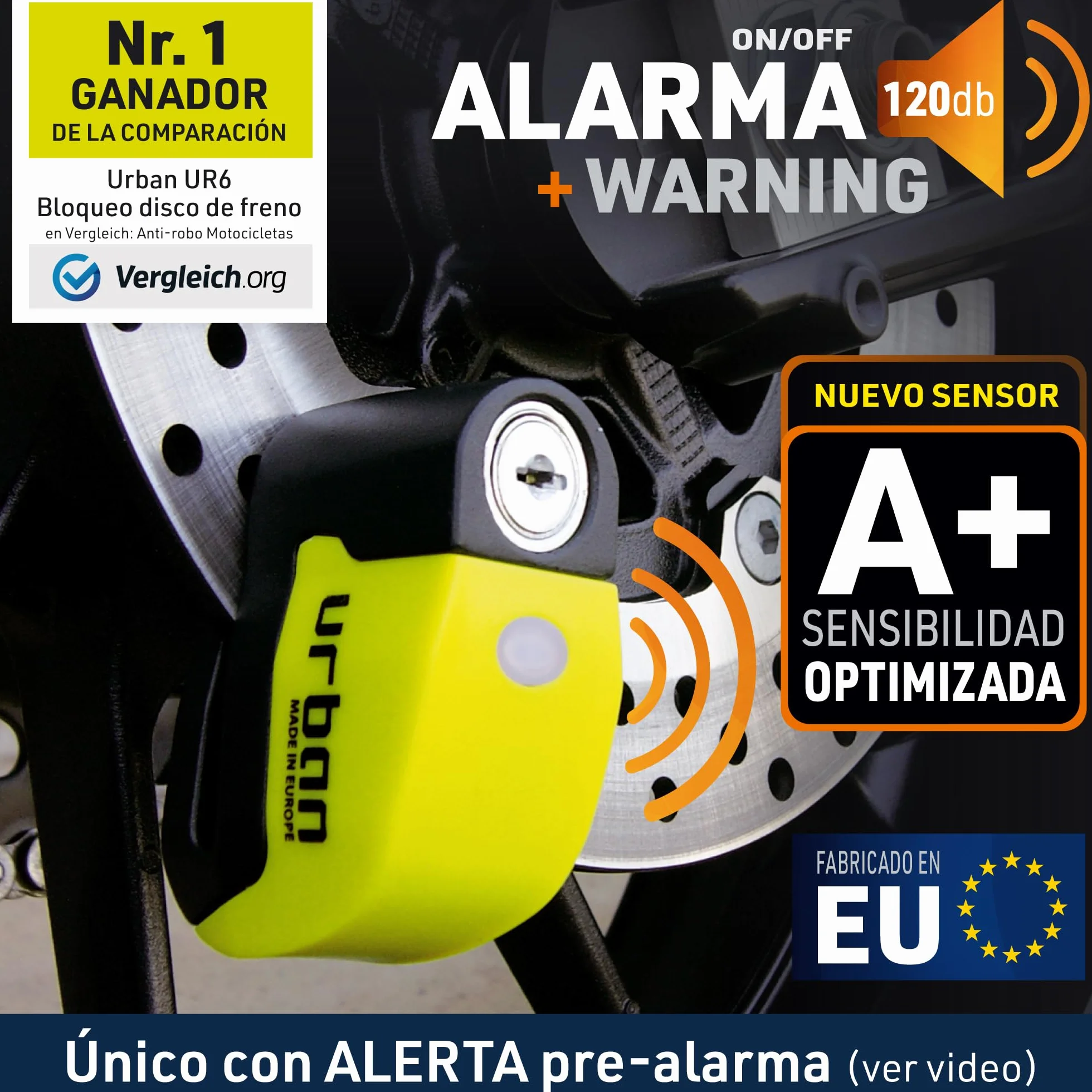URBAN UR6 Candado Moto con Alarma Inteligente | Antirrobo Disco Más Eficaz | Hi-Tech, 120db, LED, Warning Sensibilidad A+, Pila CR2 Larga Duración, Más Impermeable, Pinza 6mm Universal Scooter Bici