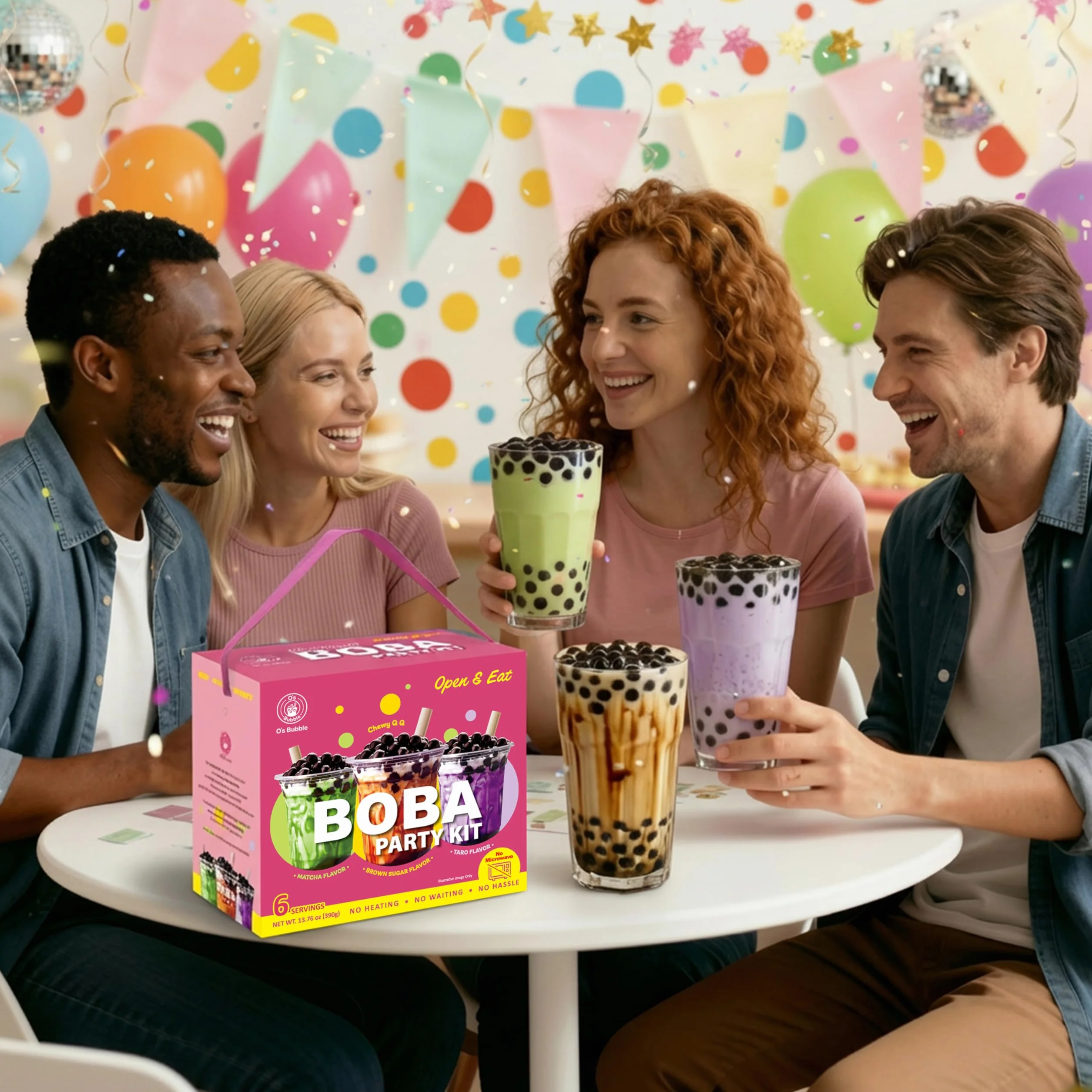 O's Bubble BOBA Party Kit 3.0 - Kit de té Boba todo en uno con Boba masticable - Sabores mixtos - Incluye tazas, popotes, agitador - 6