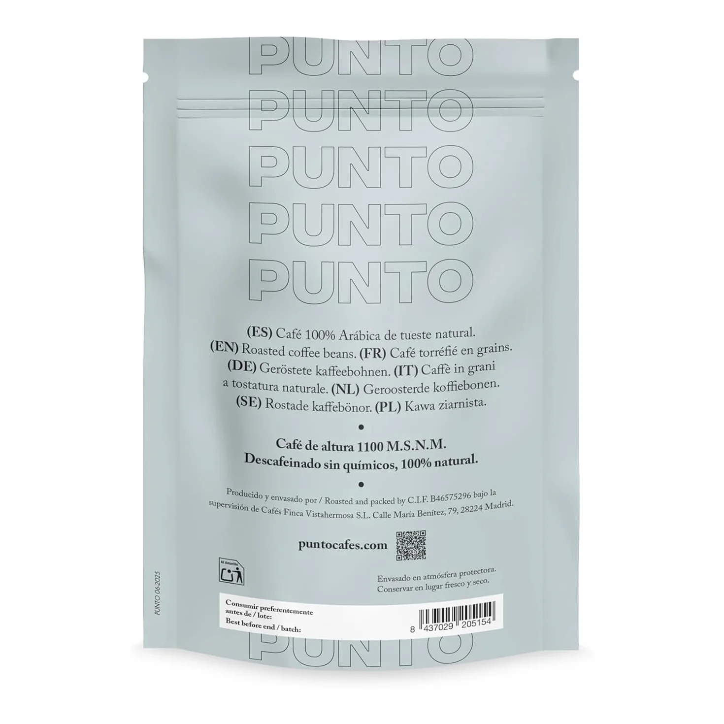 PUNTO Café Descafeinado en Grano 250 g Café de Especialidad Water Decaf 100% Arábica