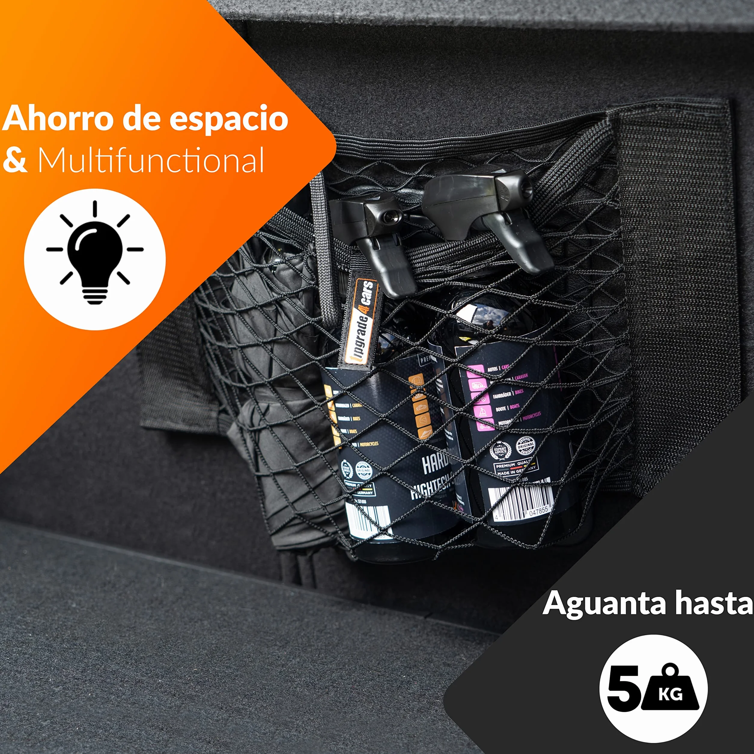 Upgrade4cars Red de Maletero para Coche | 4 Redes Portaobjetos 40 x 25 cm Pequeño y Útil | Bolsa Malla Baul Elastica | Accesorios Coches Interior