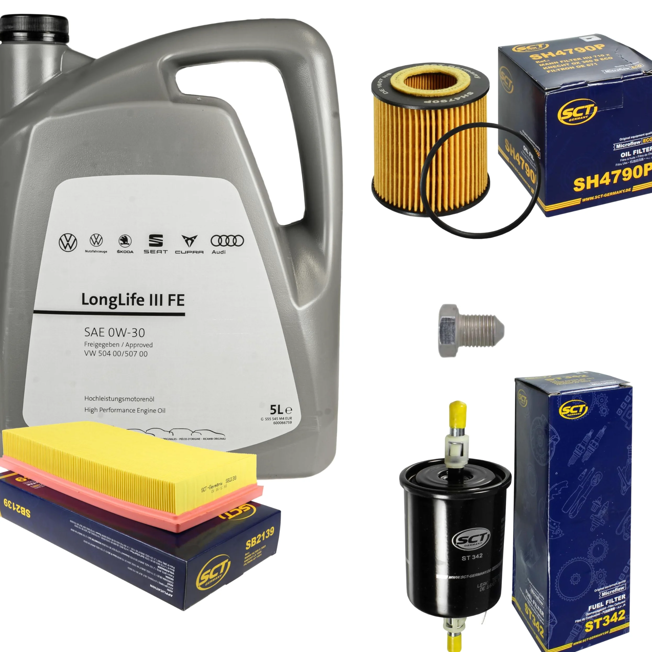 Paquete de inspección Kit de mantenimiento con 5 L 0W-30 aceite de motor LongLife 3 FE, filtro de aceite, filtro de aire, filtro de combustible, tapón de drenaje de aceite