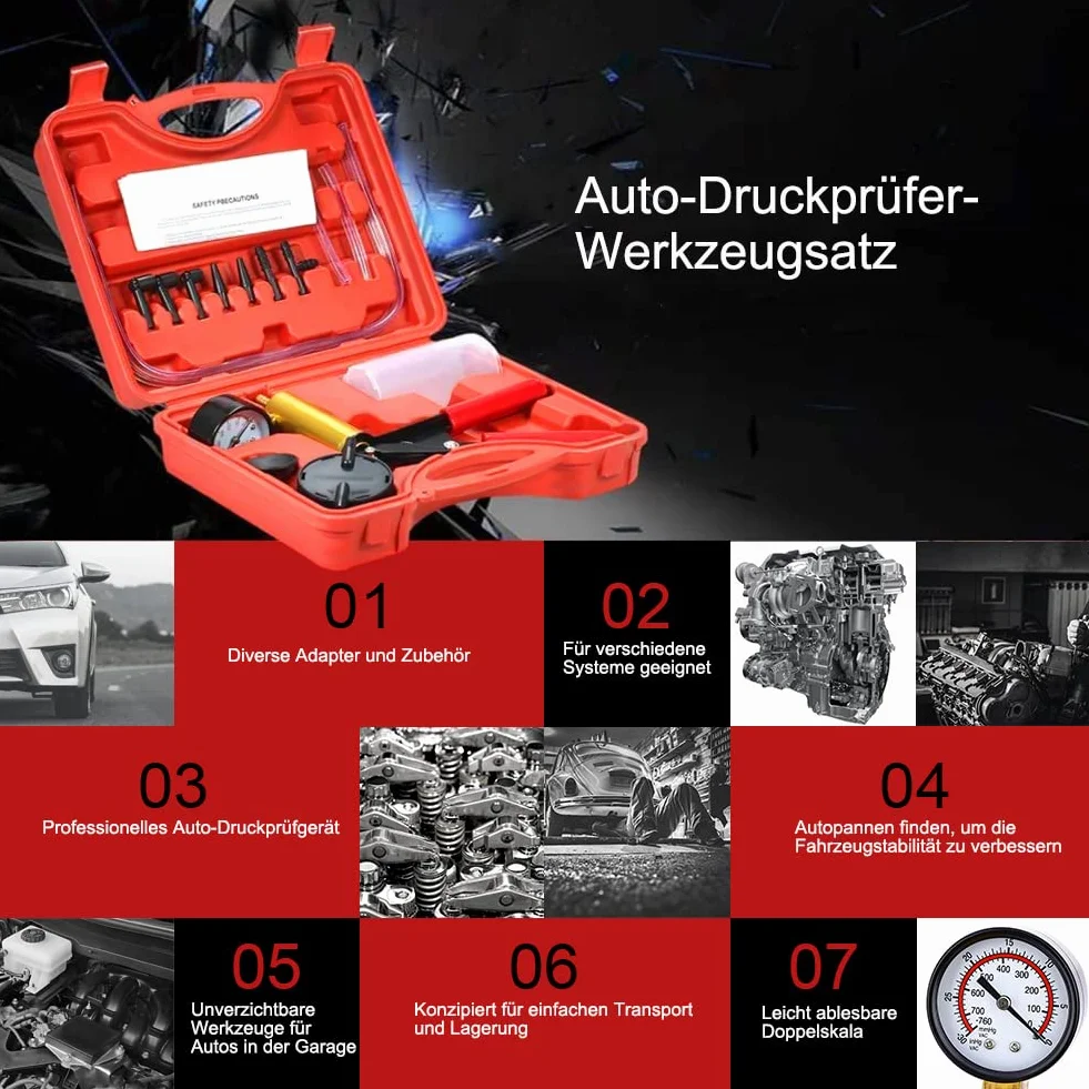 Dispositivo de purga de frenos, bomba de vacío, comprobador de vacío, adaptador para vehículos de motor, camiones y coches y motocicletas con bolsa de transporte