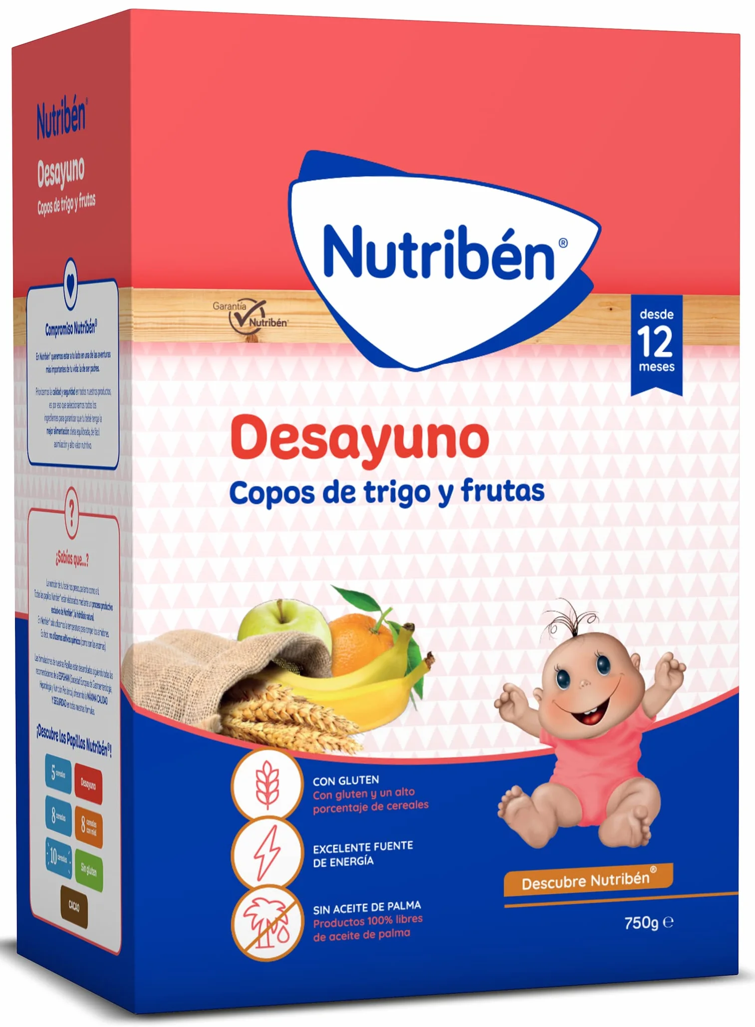 Nutribén Papilla de Copos de Trigo y Frutas para el Desayuno, 4500 g, Sin Aceite de Palma, Bebés 12 Meses, Pack 6 x 750g
