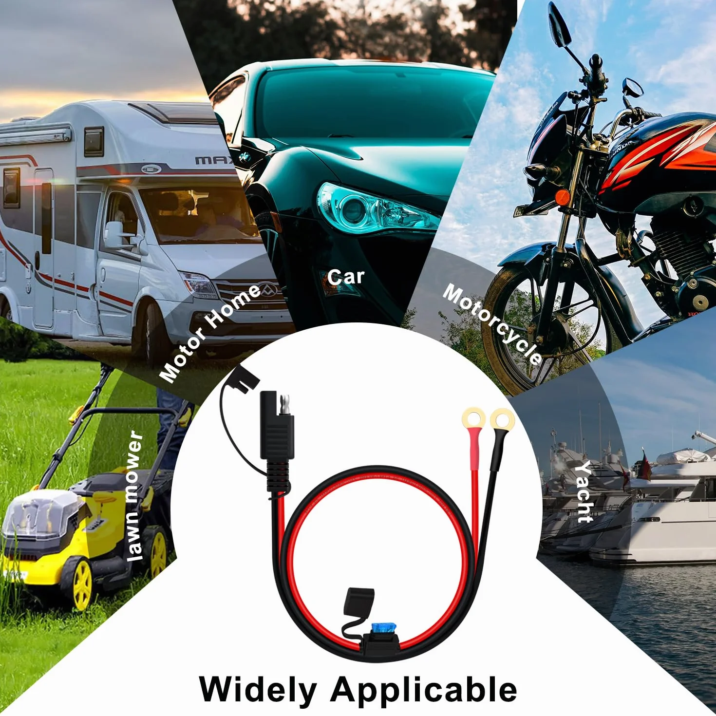 SAE Cable con Terminal de Anillo Cable Cargador Bateria Moto 14AWG 20A Cable Bateria Moto SAE con Fusible para Motocicletas, Paneles Solares, Automóviles, Barcos (1 m)