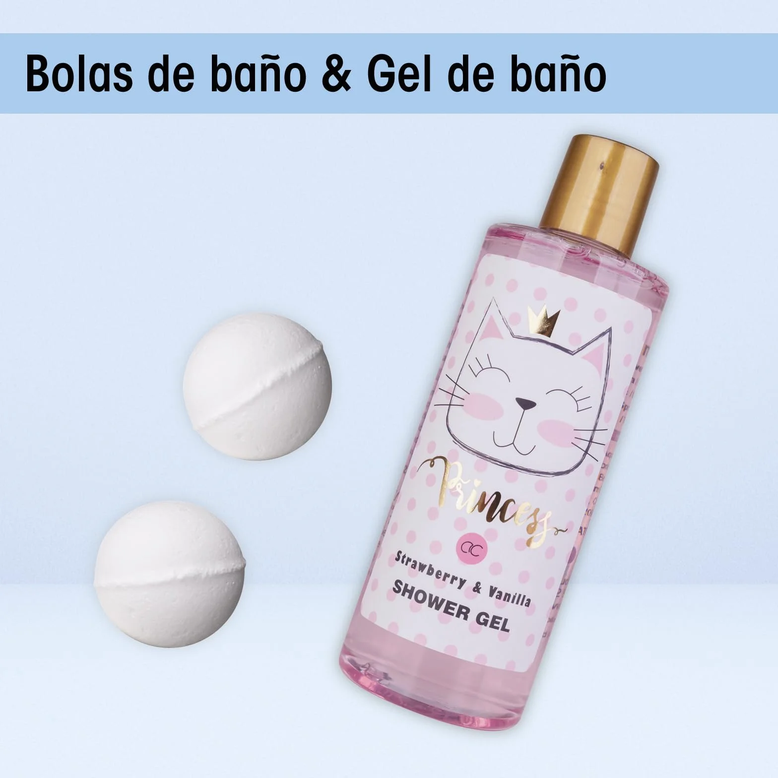 Accentra PRINCESS KITTY Juego de regalo baño mujer 250 ml gel de ducha loción exfoliante crema bombas baño esponja cesta fresa vainilla