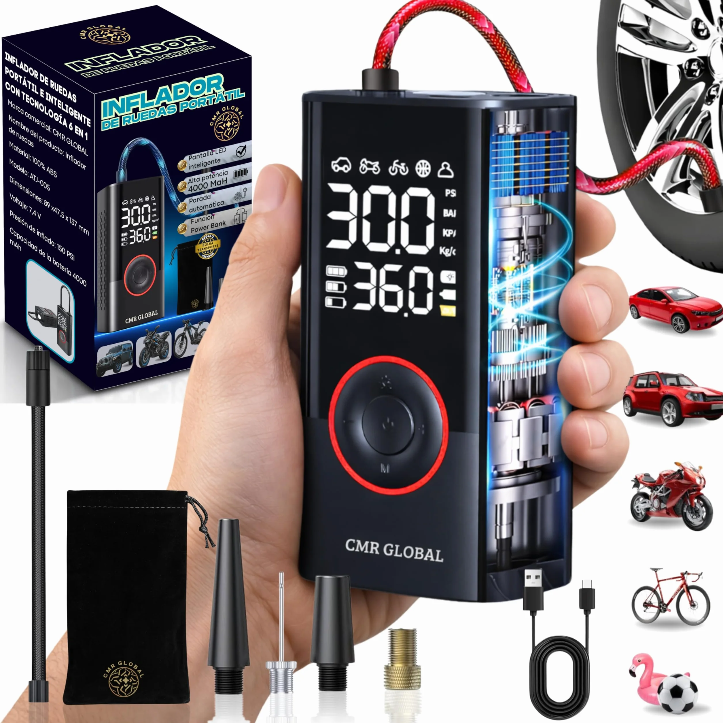 SUPER PRO Compresor Aire Portatil. Inflador Ruedas Coche. Inflador Eléctrico con Linterna 150 PSI para Coche Moto Bicicleta Pelota. Hinchador eléctrico Batería Recargable 4000 mAh. Viaje Emergencia