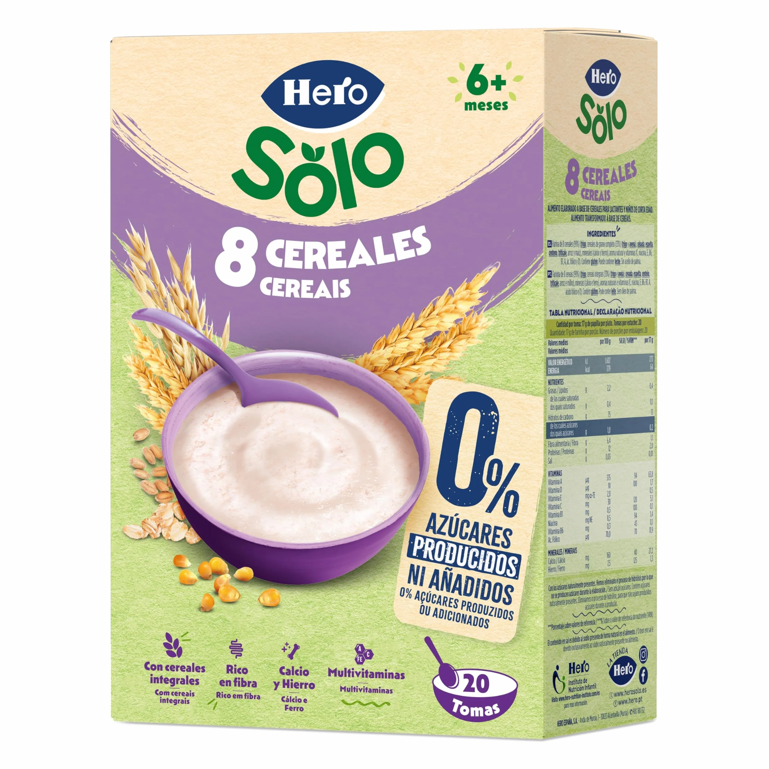 Hero Solo Papilla 8 Cereales Sin Azúcares Añadidos para Bebés a partir de 6 meses