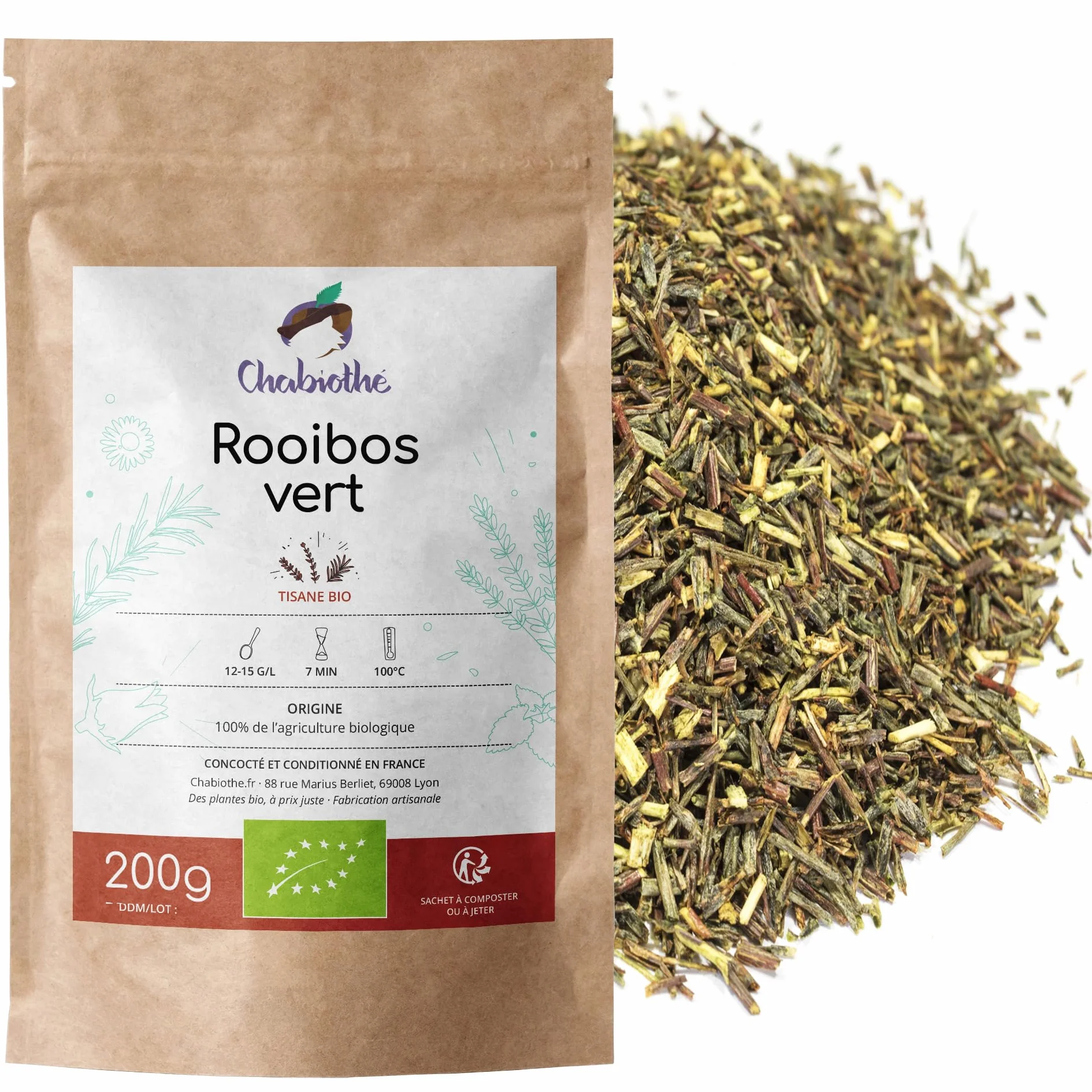 Rooibos verde BIO 200 g sin teína no fermentado bolsa biodegradable