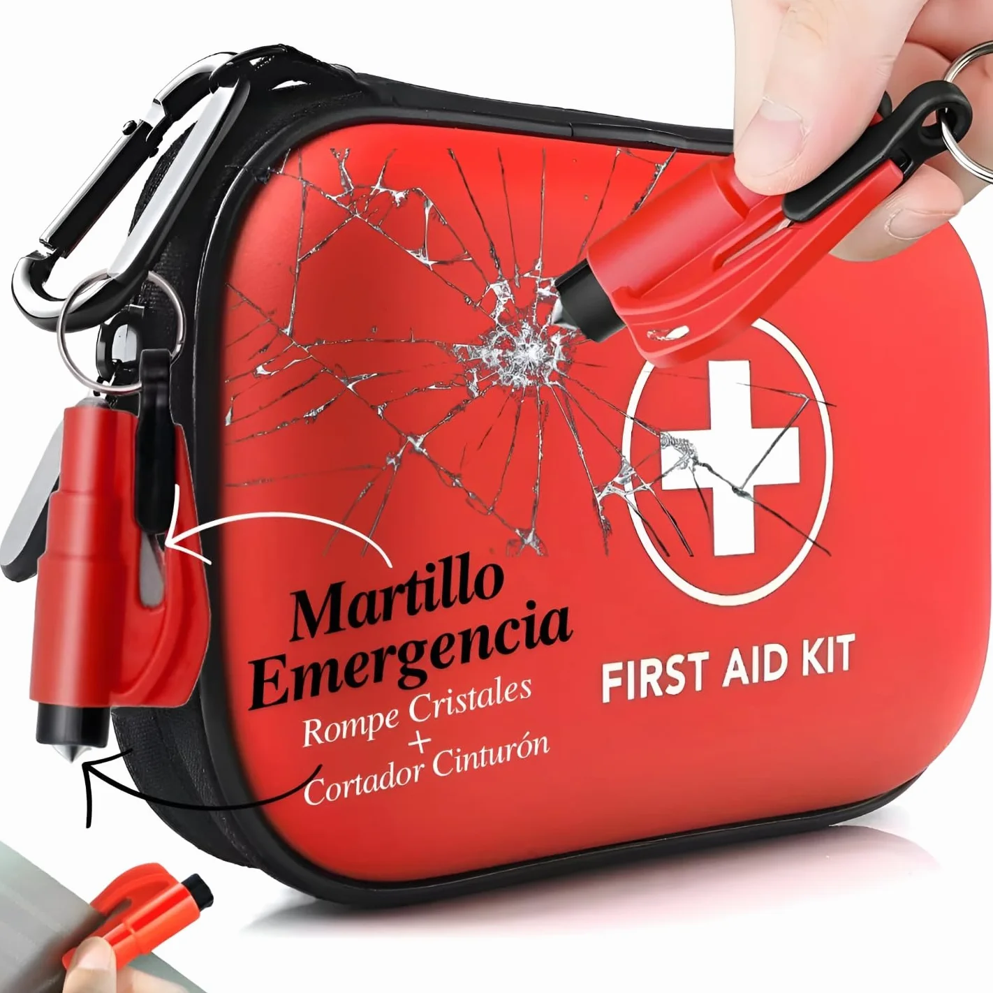 Botiquín de Primeros Auxilios 96 Piezas - Kit de Seguridad para Coche con Martillo Emergencia y Cortador de Cinturón - Estuche Rígido Impermeable