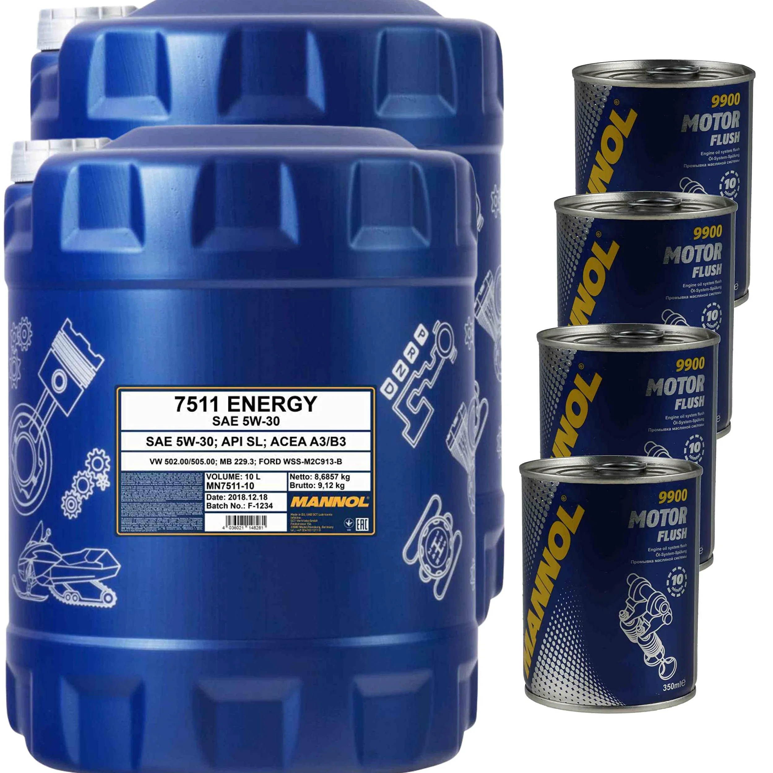 20L de aceite de motor Mannol Energy 5W-30 4x Mannol Motor Flush Aditivo