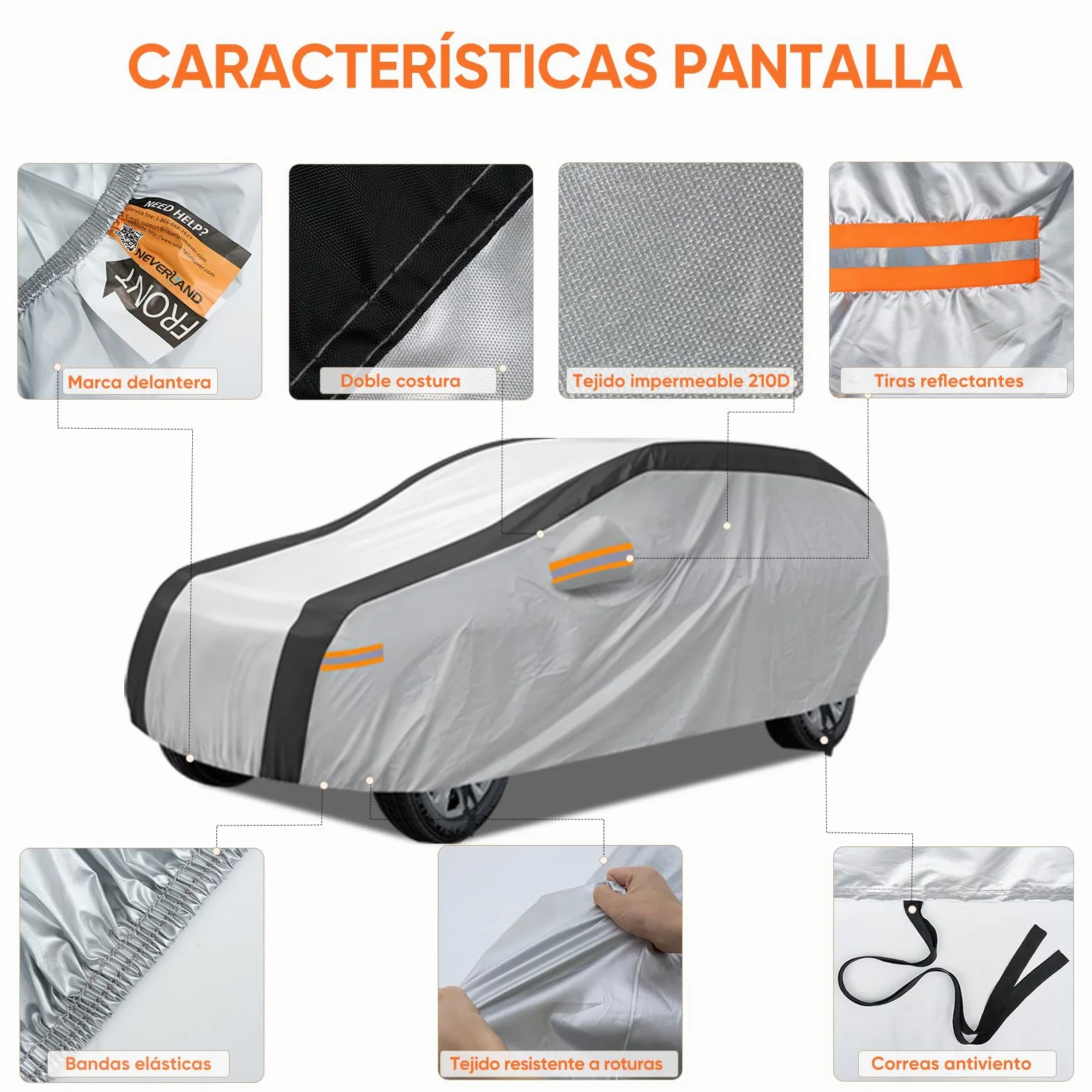 NEVERLAND Funda Coche SUV XL Impermeabile 2500PA - Cubierta Exterior 210D Oxford Plata Reflectante Solar Negro Antigranizo con Tiras Naranjas Alta Visibilidad para BMW X5 Mercedes GLE, Audi Q7|510cm