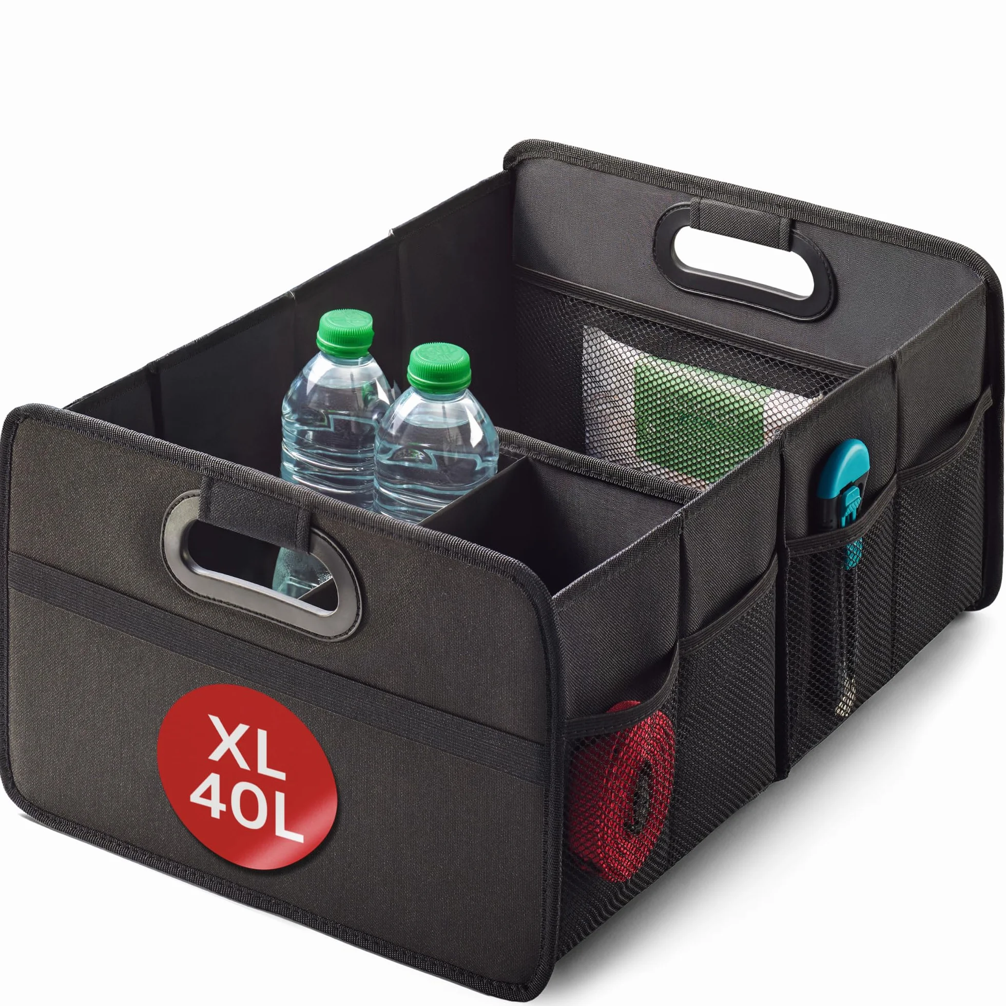Praknu Organizador de Maletero Plegable XL – 3 Compartimentos Flexibles con 5 Bolsillos – Base Antideslizante – Tamaño Ideal para Organización del Coche – Robusto y Resistente al Agua de Tela Oxford