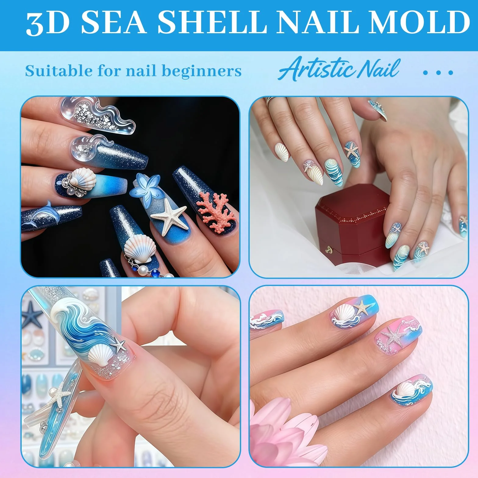3D Gel Nail Art Mold Set Verano Mar & Conchas DIY Accesorios Uñas Flexible Transparente
